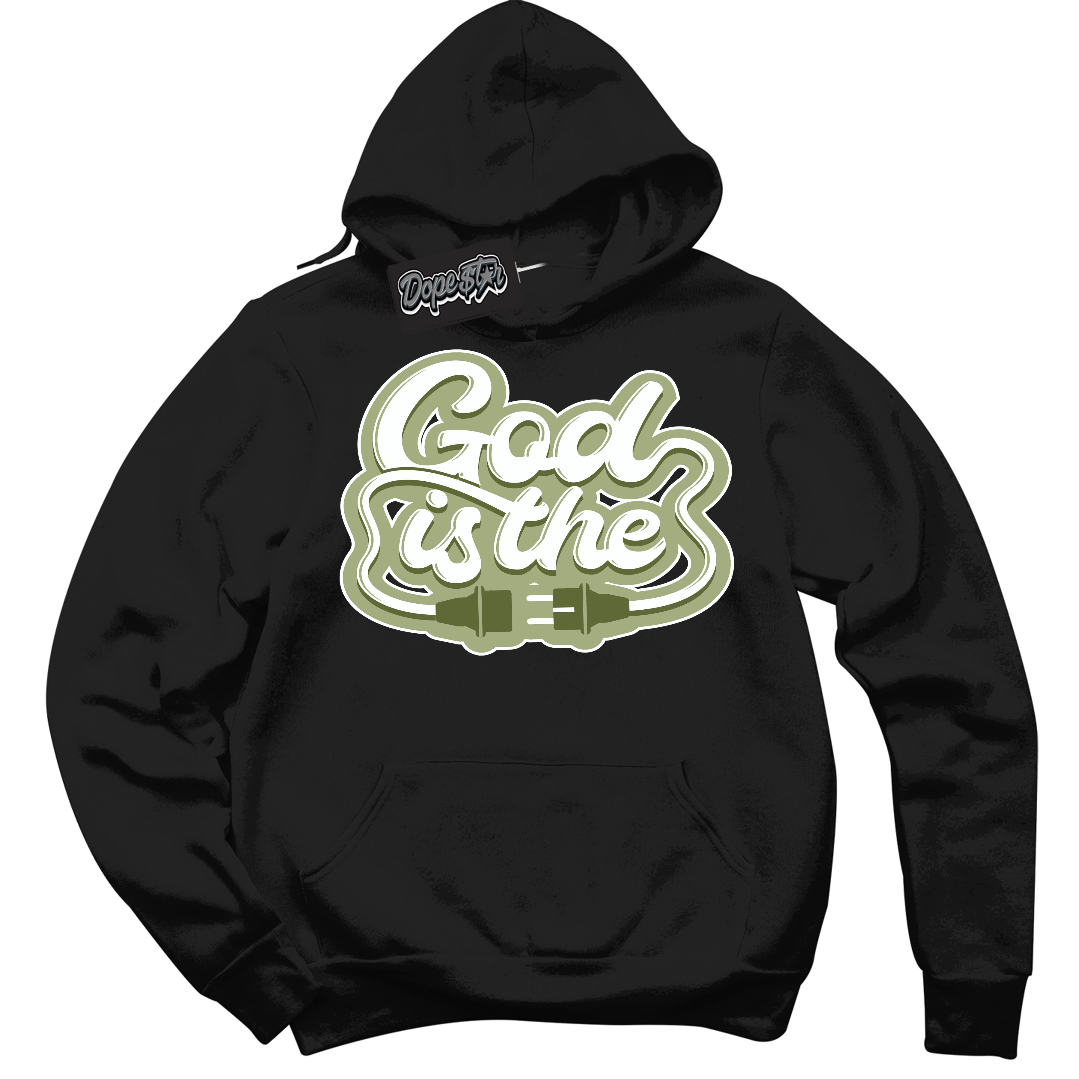 Cool Black Hoodie with “ God Is The ” design that Perfectly Matches Safari Oil Green Dunk.