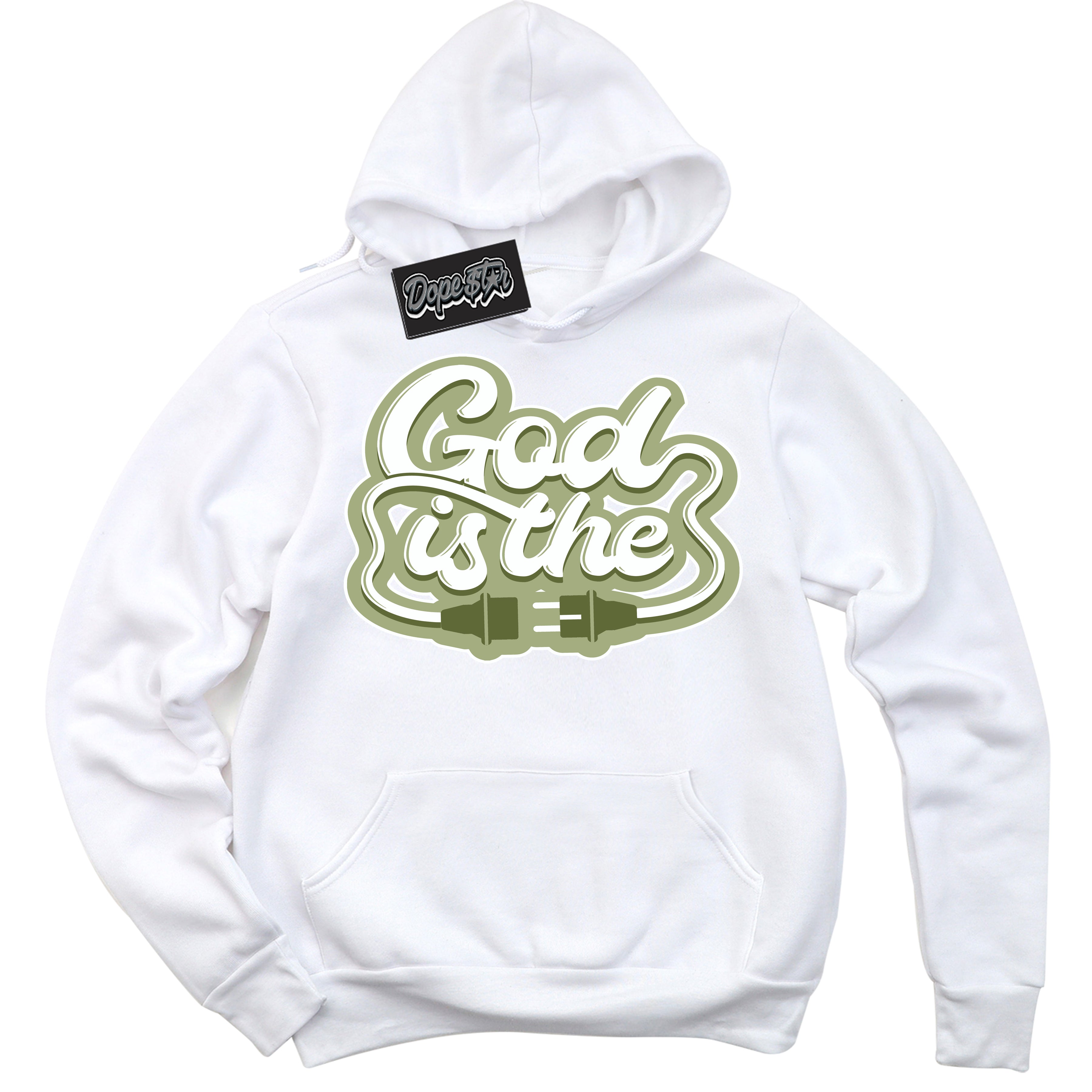 Cool White Hoodie with “ God Is The ” design that Perfectly Matches Safari Oil Green Dunk.