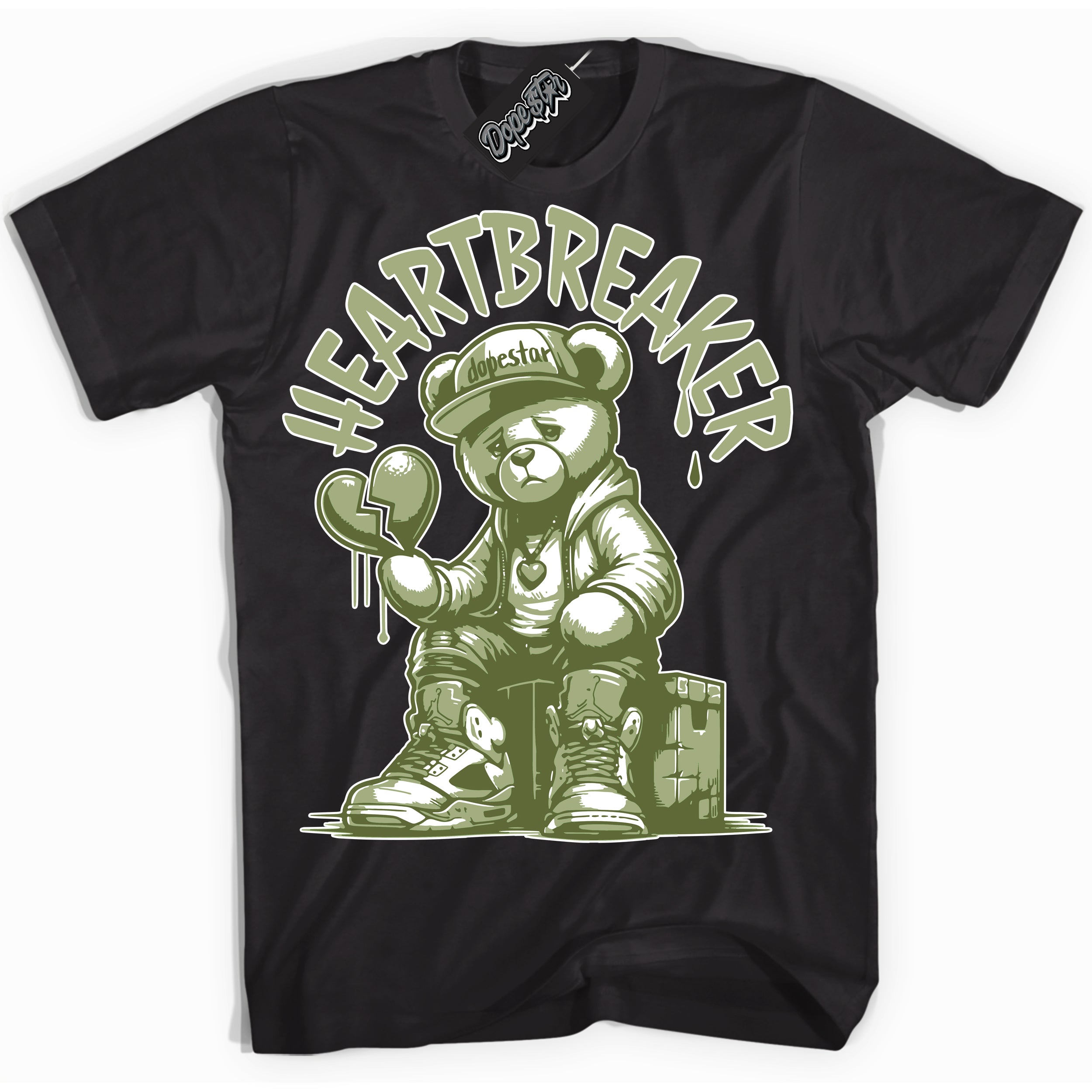 Cool Black Shirt with “ Heartbreaker Bear ” design that perfectly matches Safari Oil Green Dunk.