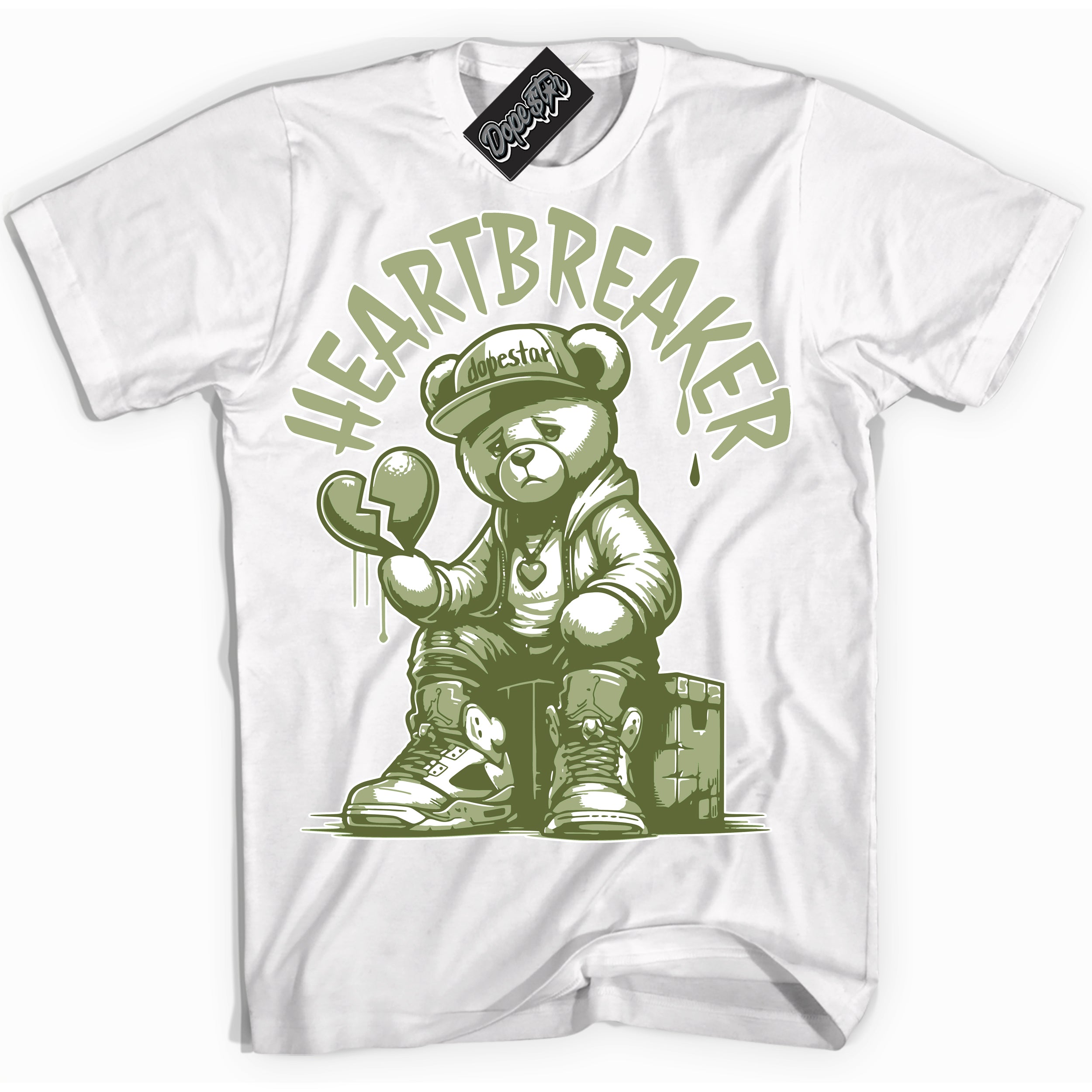Cool White Shirt with “ Heartbreaker Bear ” design that perfectly matches Safari Oil Green Dunk.