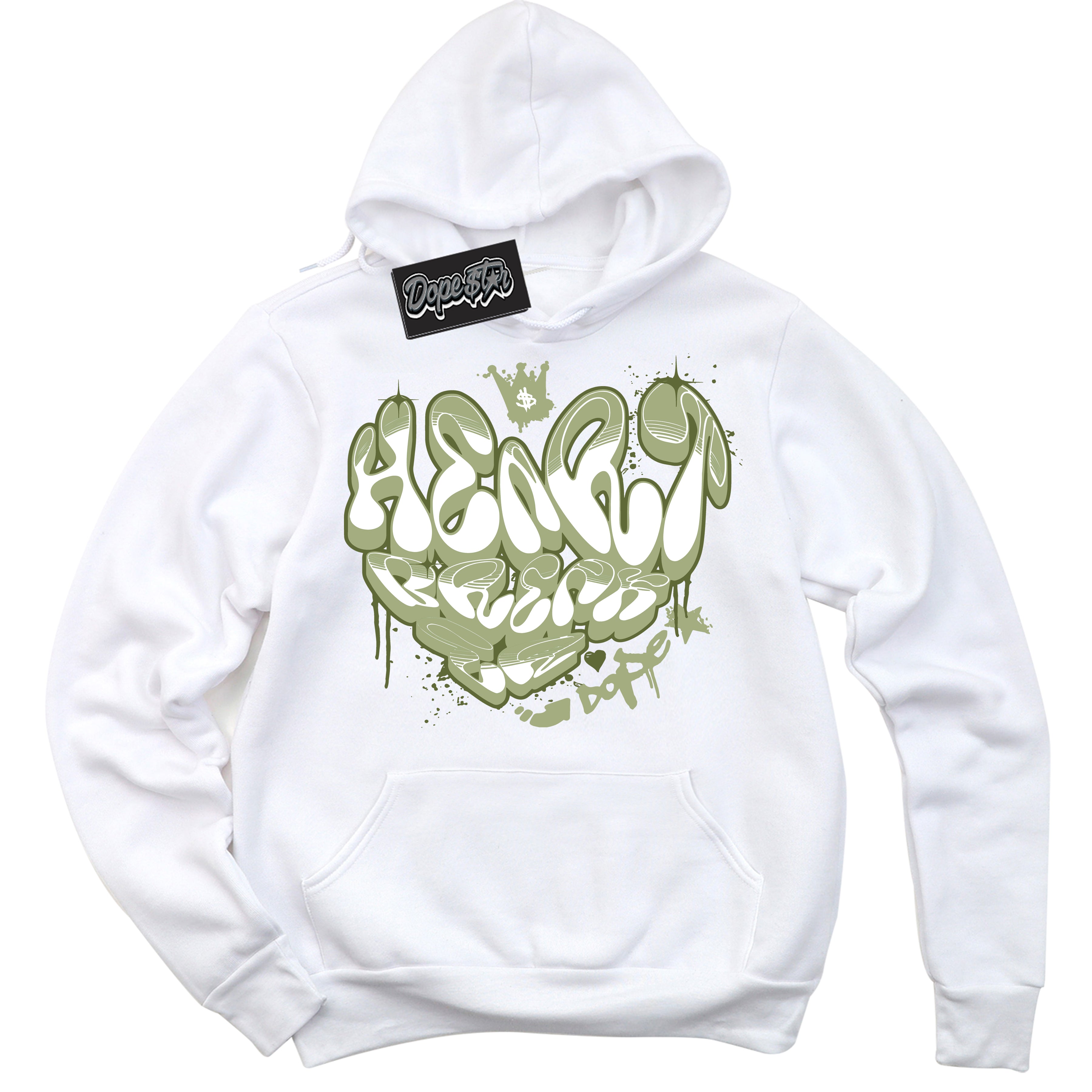 Cool White Hoodie with “ Heartbreaker Graffiti ” design that Perfectly Matches Safari Oil Green Dunk.