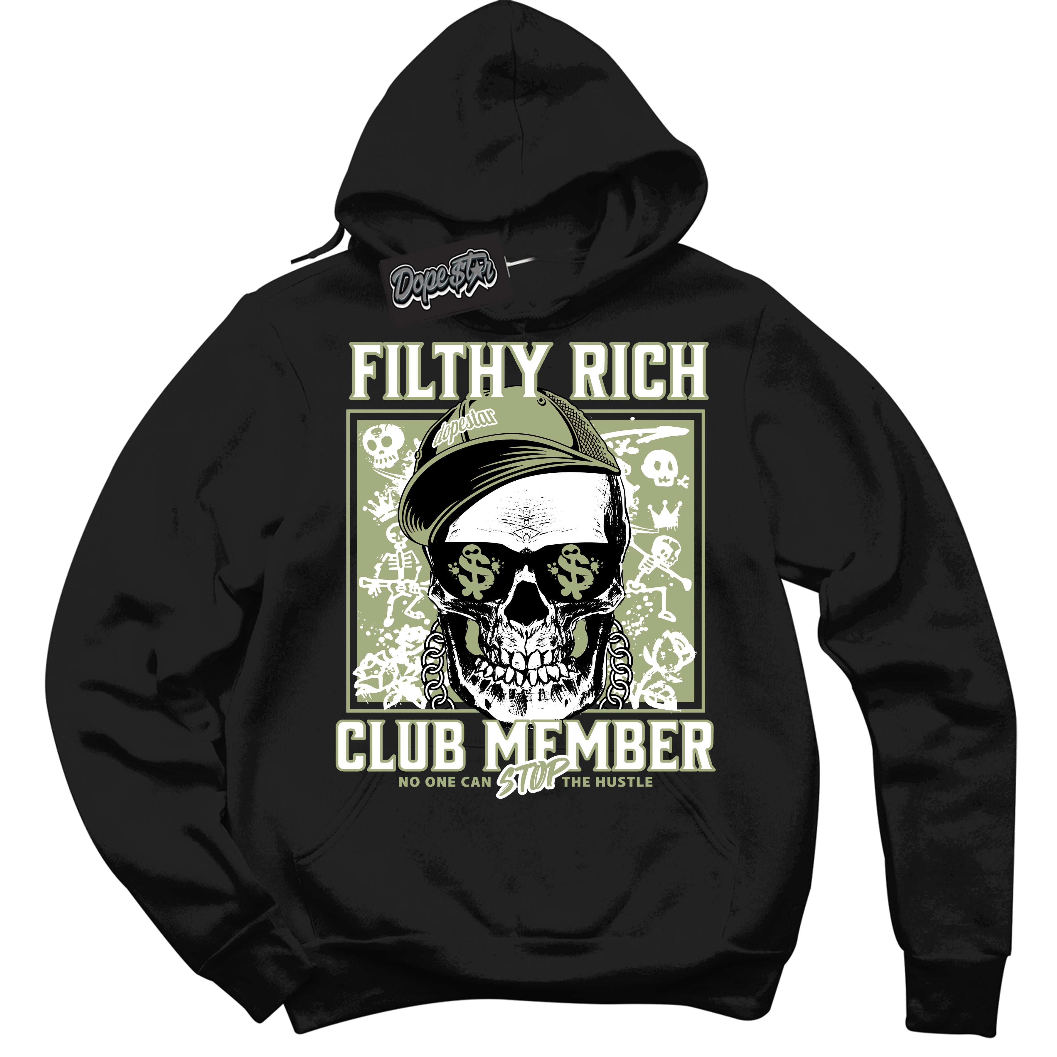 Cool Black Hoodie with “ Filthy Rich ” design that Perfectly Matches Safari Oil Green Sneakers.