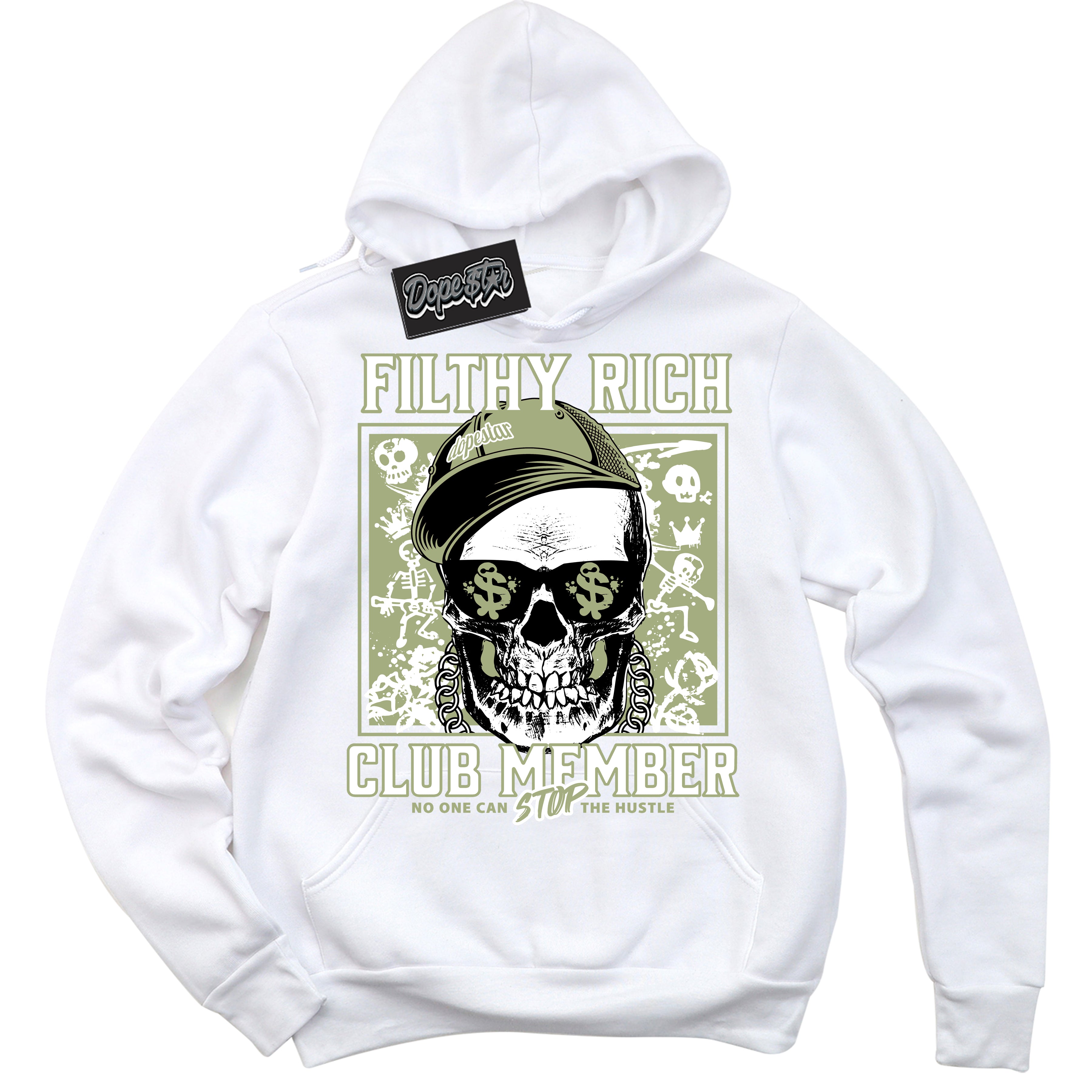 Cool White Hoodie with “ Filthy Rich ” design that Perfectly Matches Safari Oil Green Sneakers.