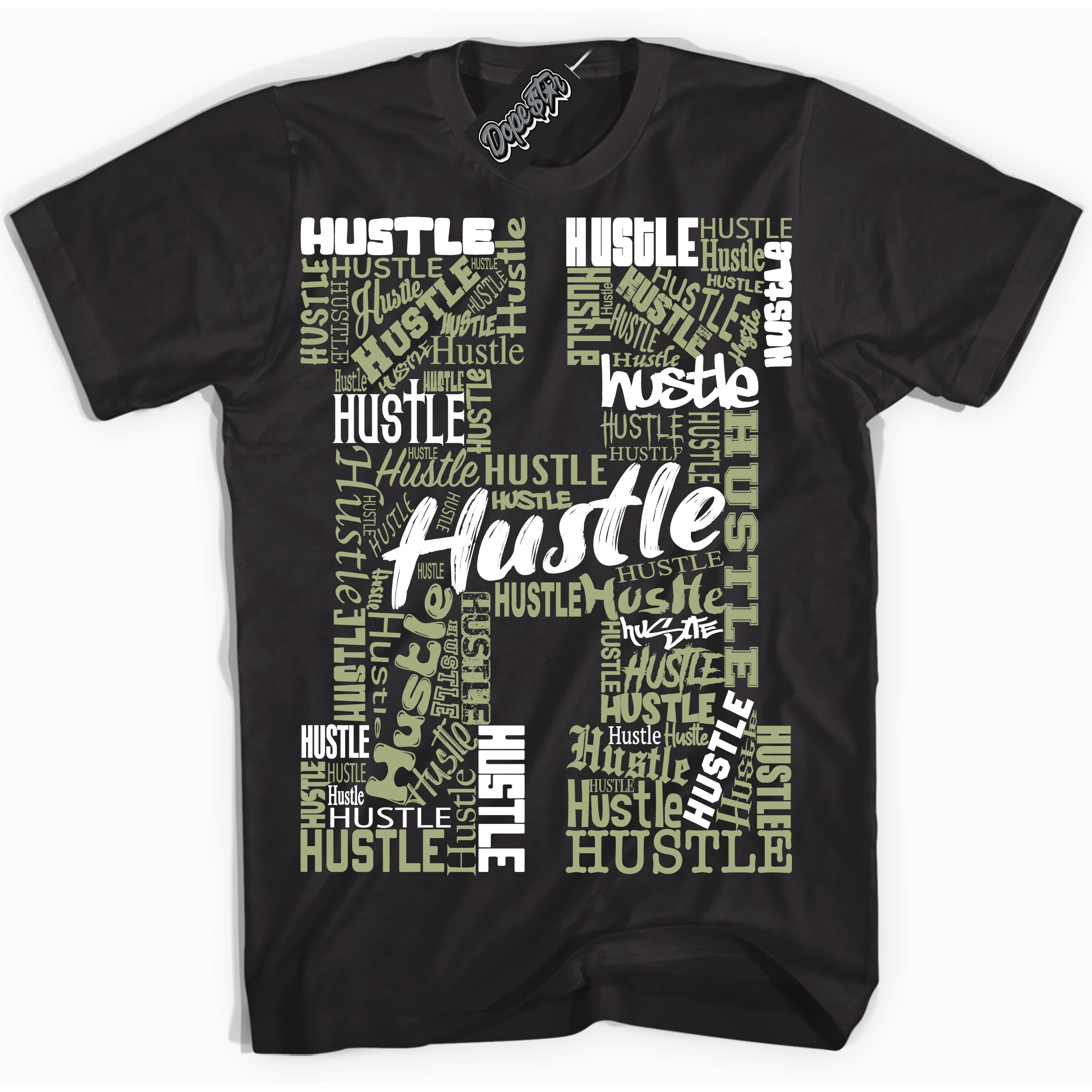Cool Black Shirt with “ Hustle H ” design that perfectly matches Safari Oil Green Dunk.