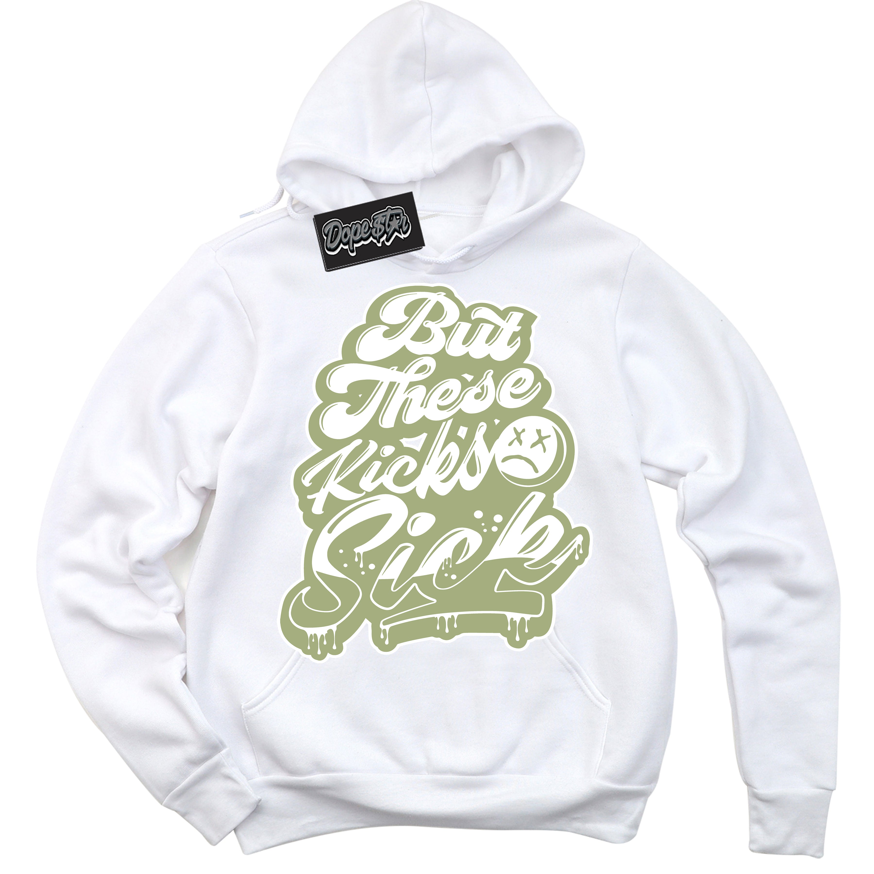 Cool White Hoodie with “ Kick Sick ” design that Perfectly Matches Safari Oil Green Dunk.