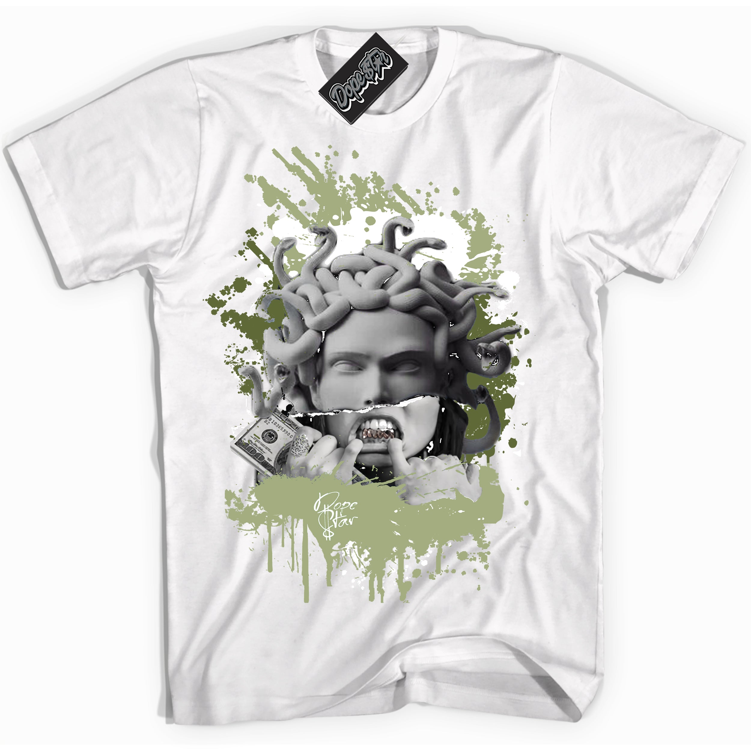 Cool White Shirt with “ Medusa ” design that perfectly matches Safari Oil Green Dunk.