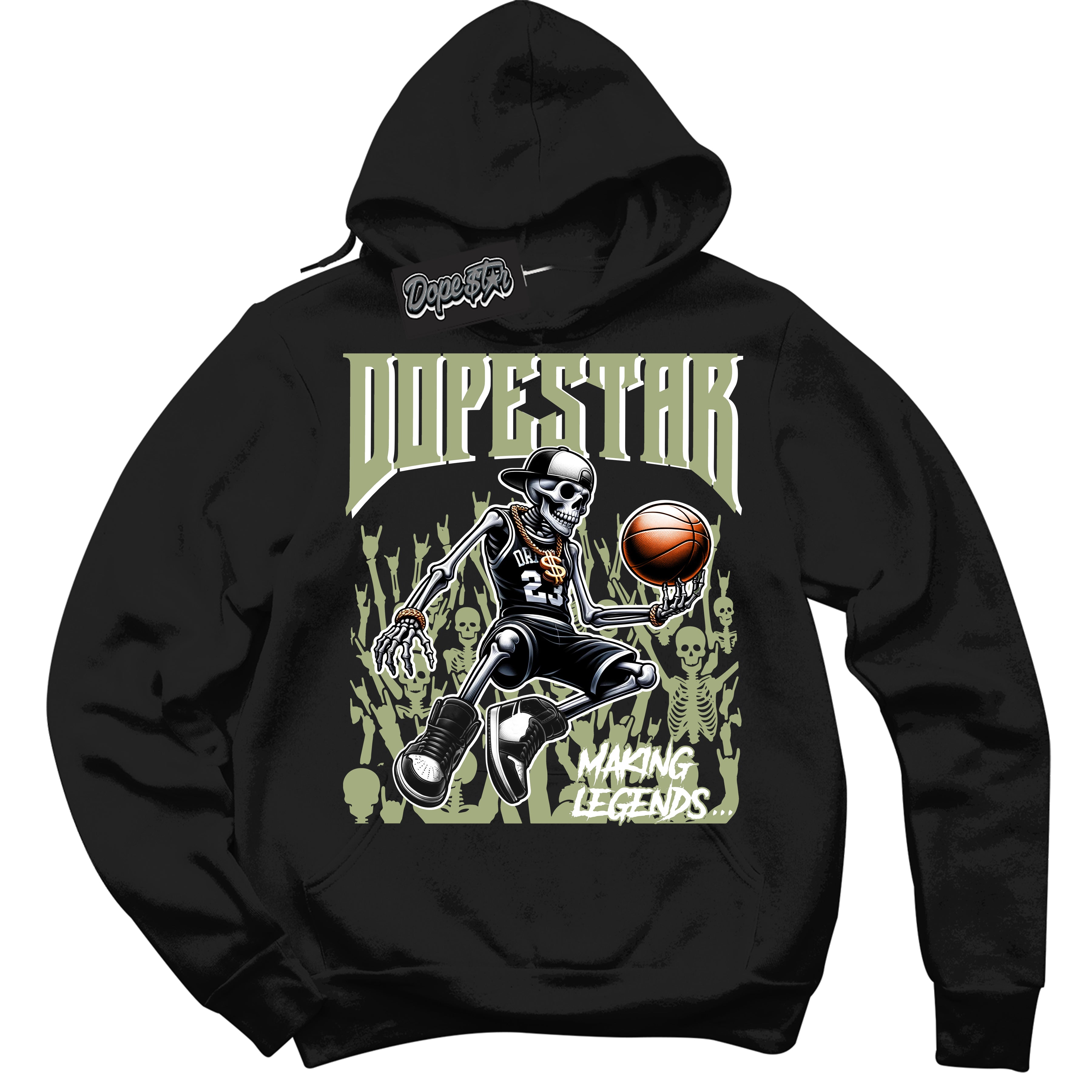 Cool Black Hoodie with “ Making Legends ” design that Perfectly Matches Safari Oil Green Sneakers.