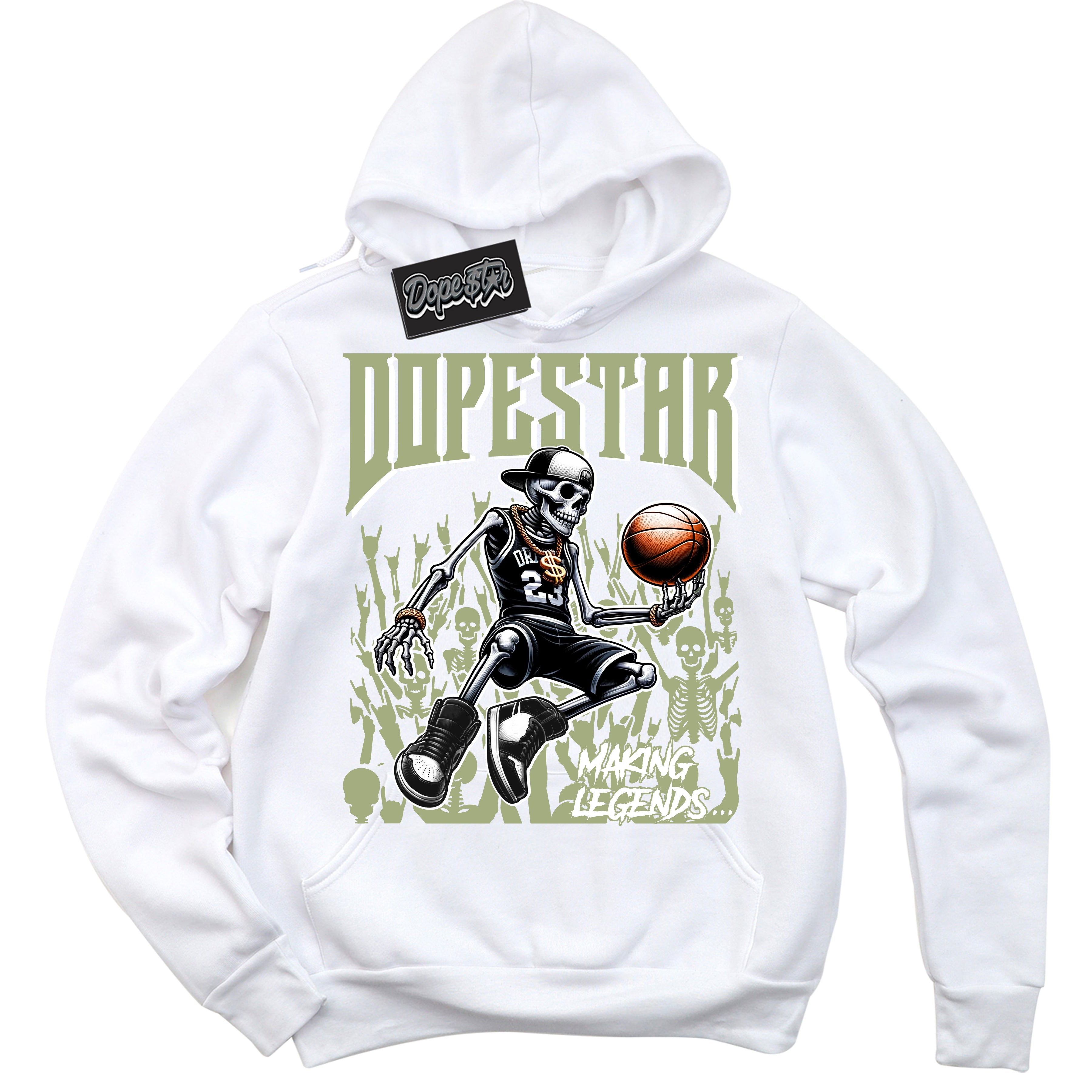 Cool White Hoodie with “ Making Legends ” design that Perfectly Matches Safari Oil Green Sneakers.