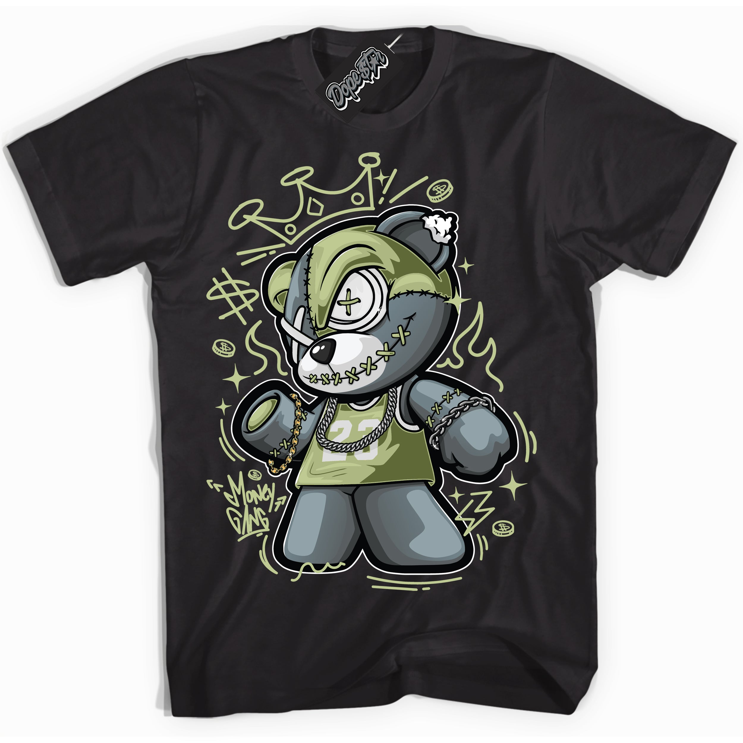 Cool Black Shirt with “ Money Gang Bear ” design that perfectly matches Safari Oil Green Dunk.