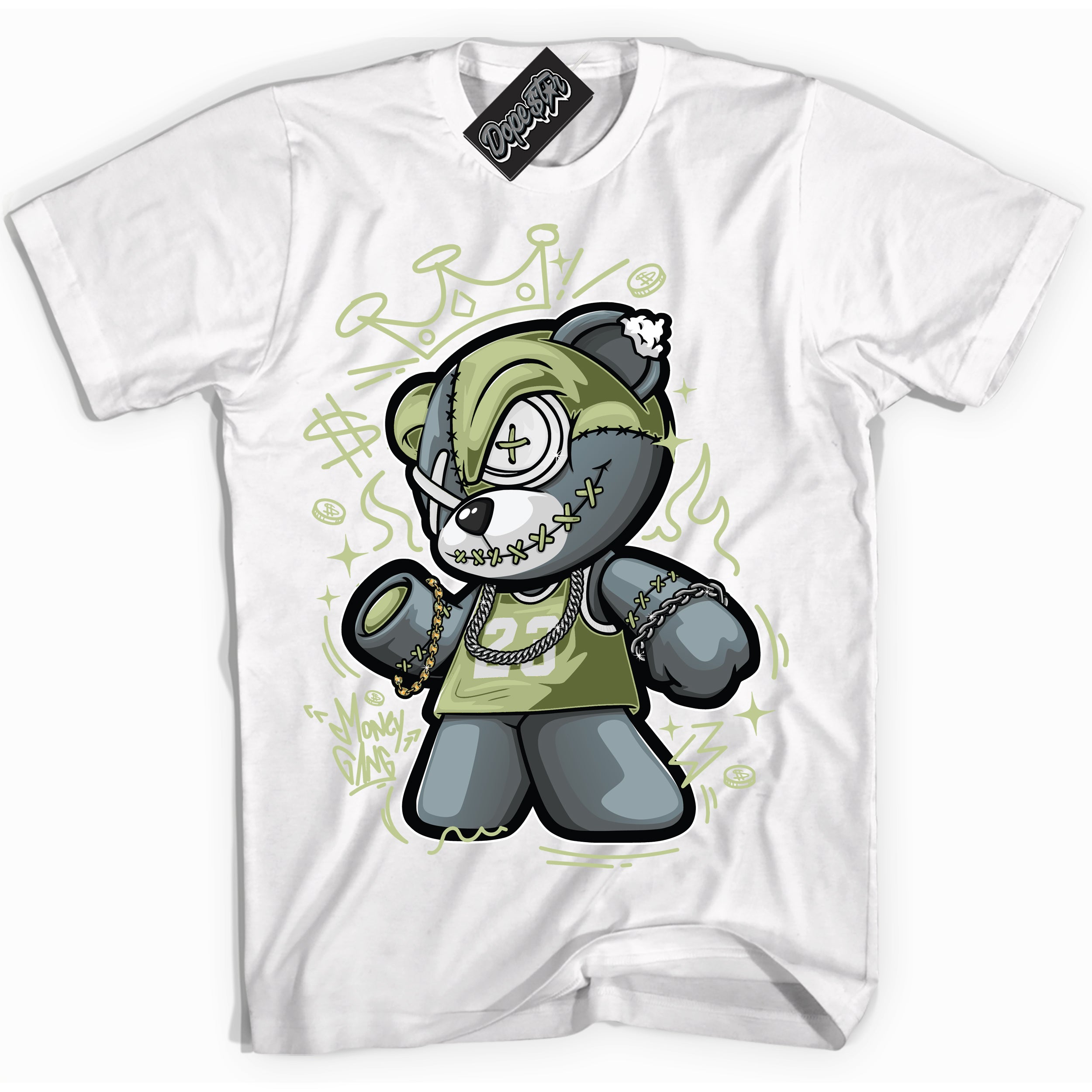 Cool White Shirt with “ Money Gang Bear ” design that perfectly matches Safari Oil Green Dunk.