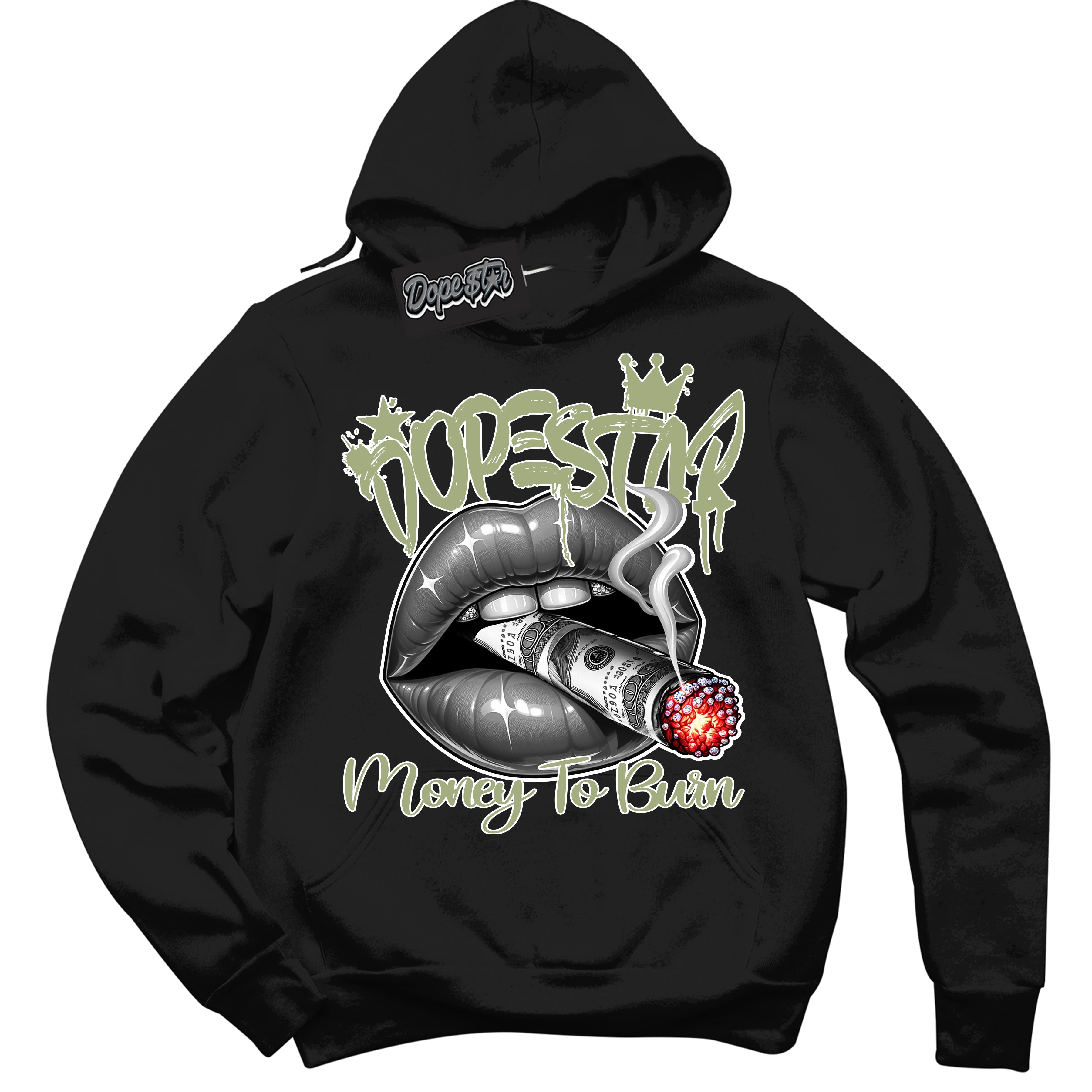 Cool Black Hoodie with “ Money To Burn ” design that Perfectly Matches Safari Oil Green Sneakers.