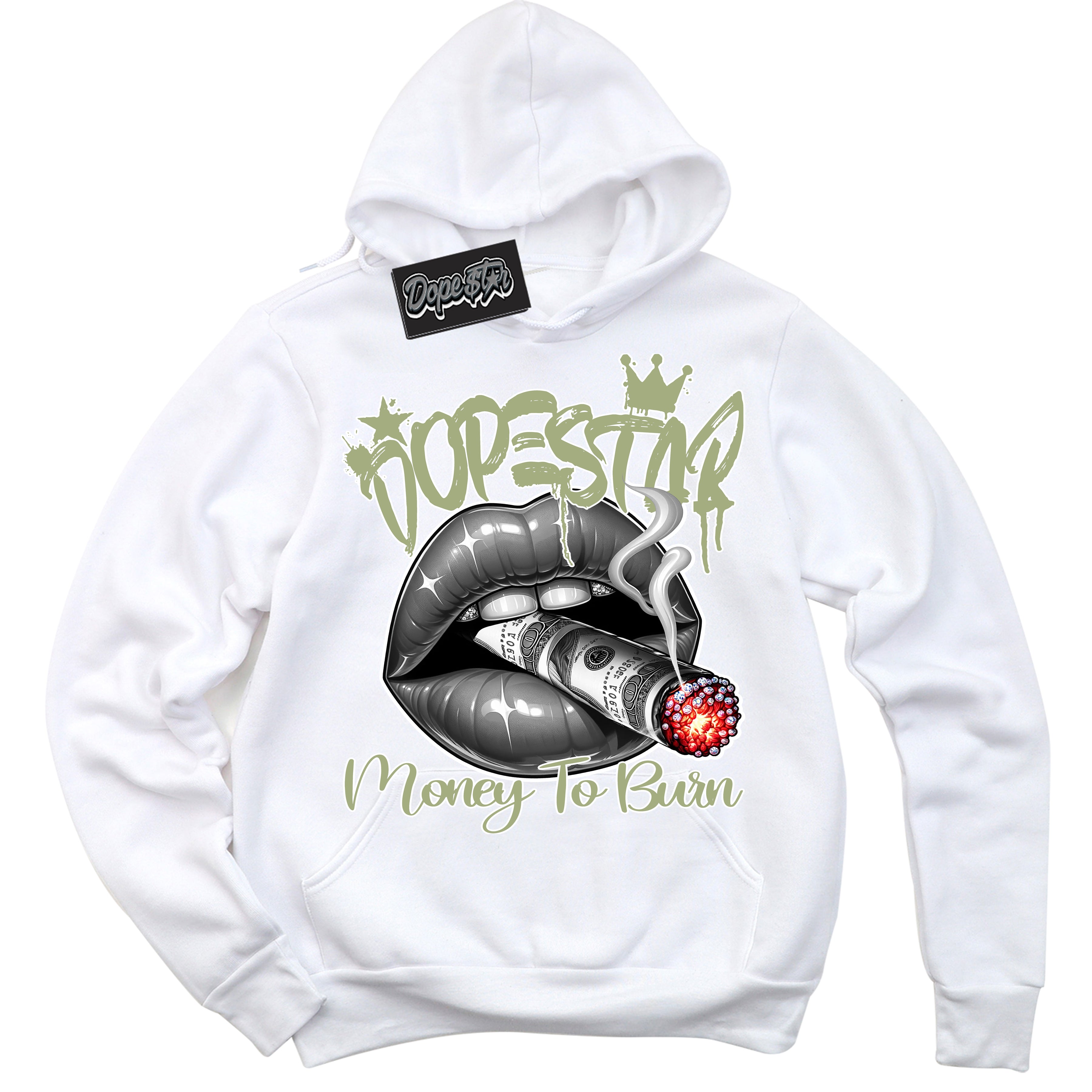 Cool White Hoodie with “ Money To Burn ” design that Perfectly Matches Safari Oil Green Sneakers.