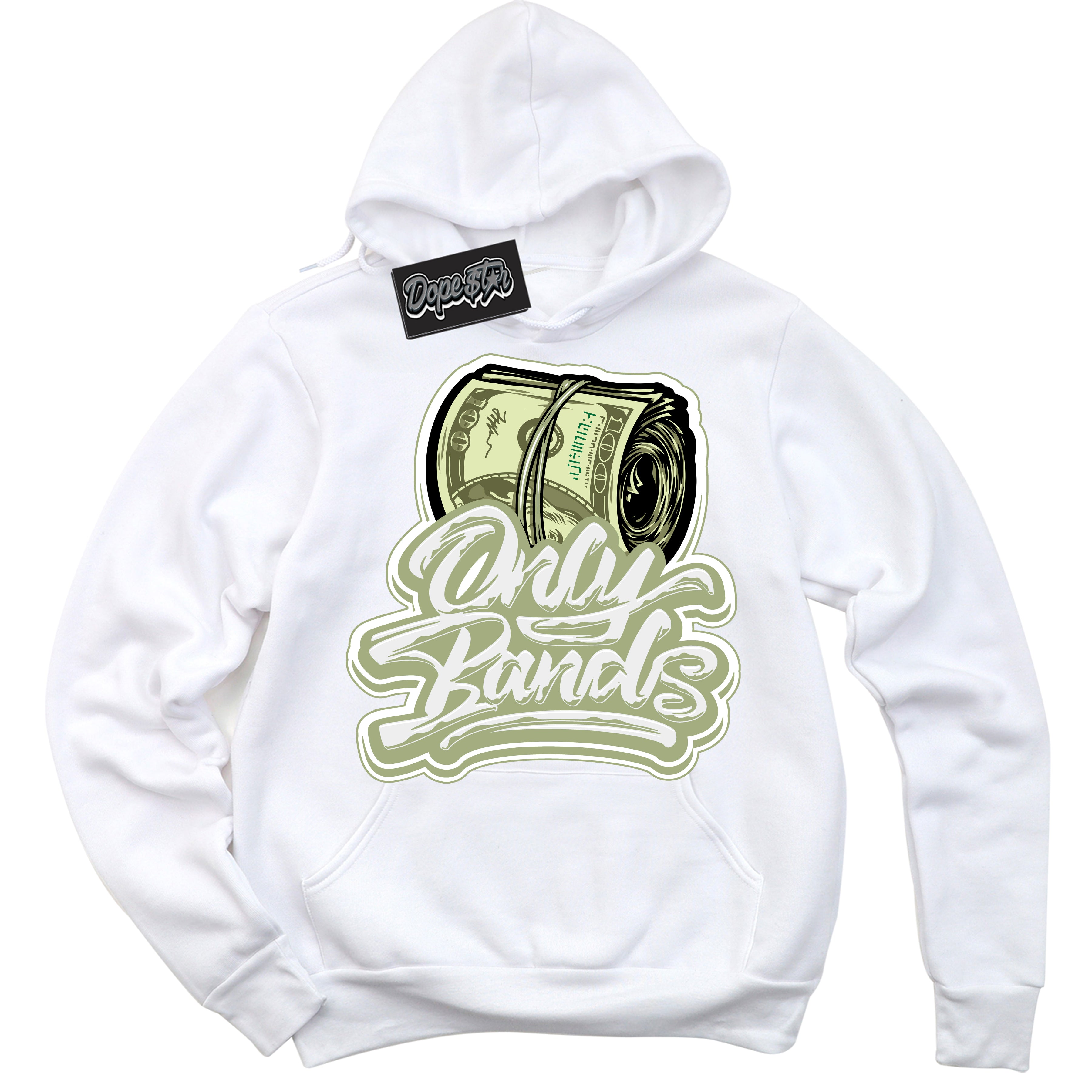 Cool White Hoodie with “ Only Bands ” design that Perfectly Matches Safari Oil Green Dunk.