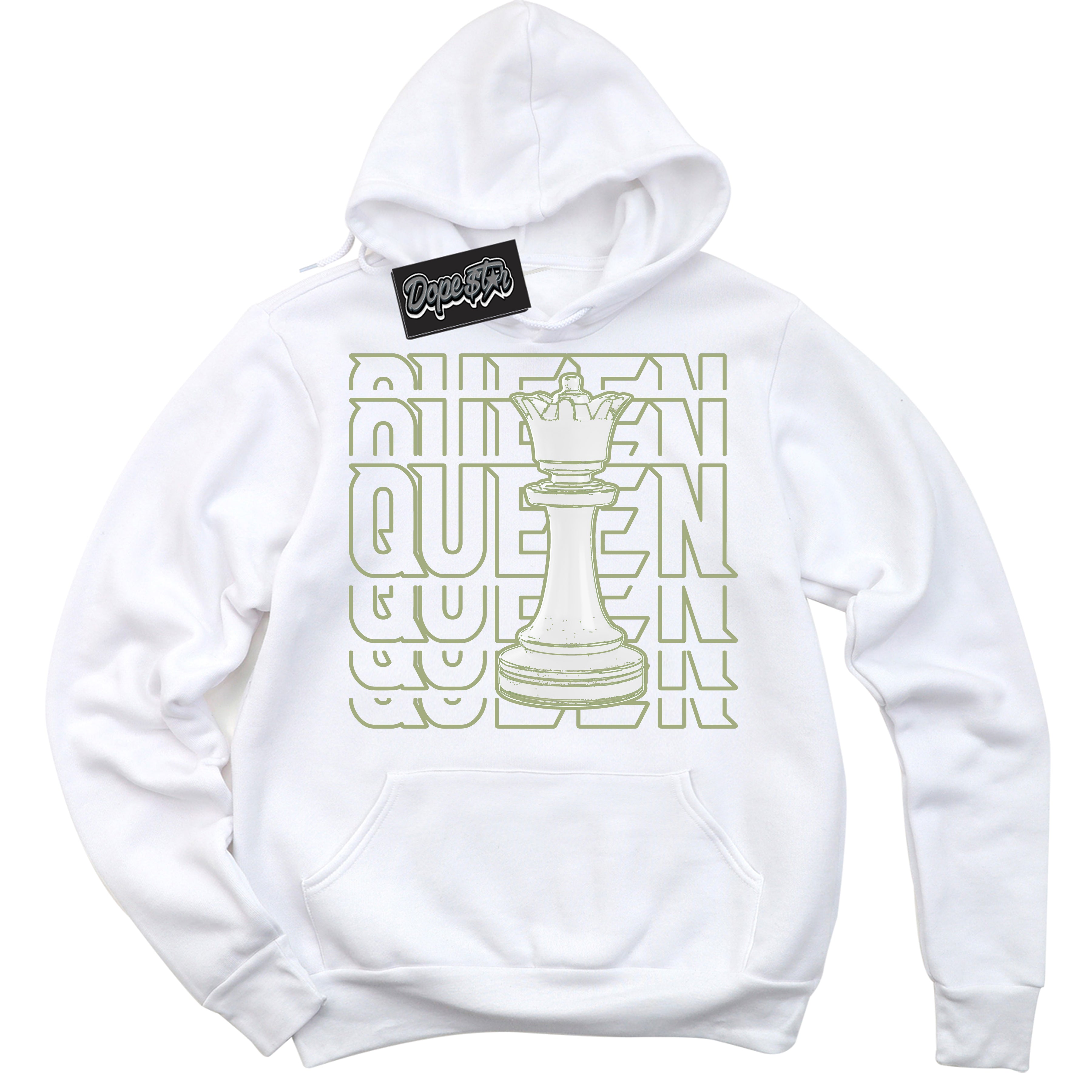 Cool White Hoodie with “ Queen Chess ” design that Perfectly Matches Safari Oil Green Dunk.