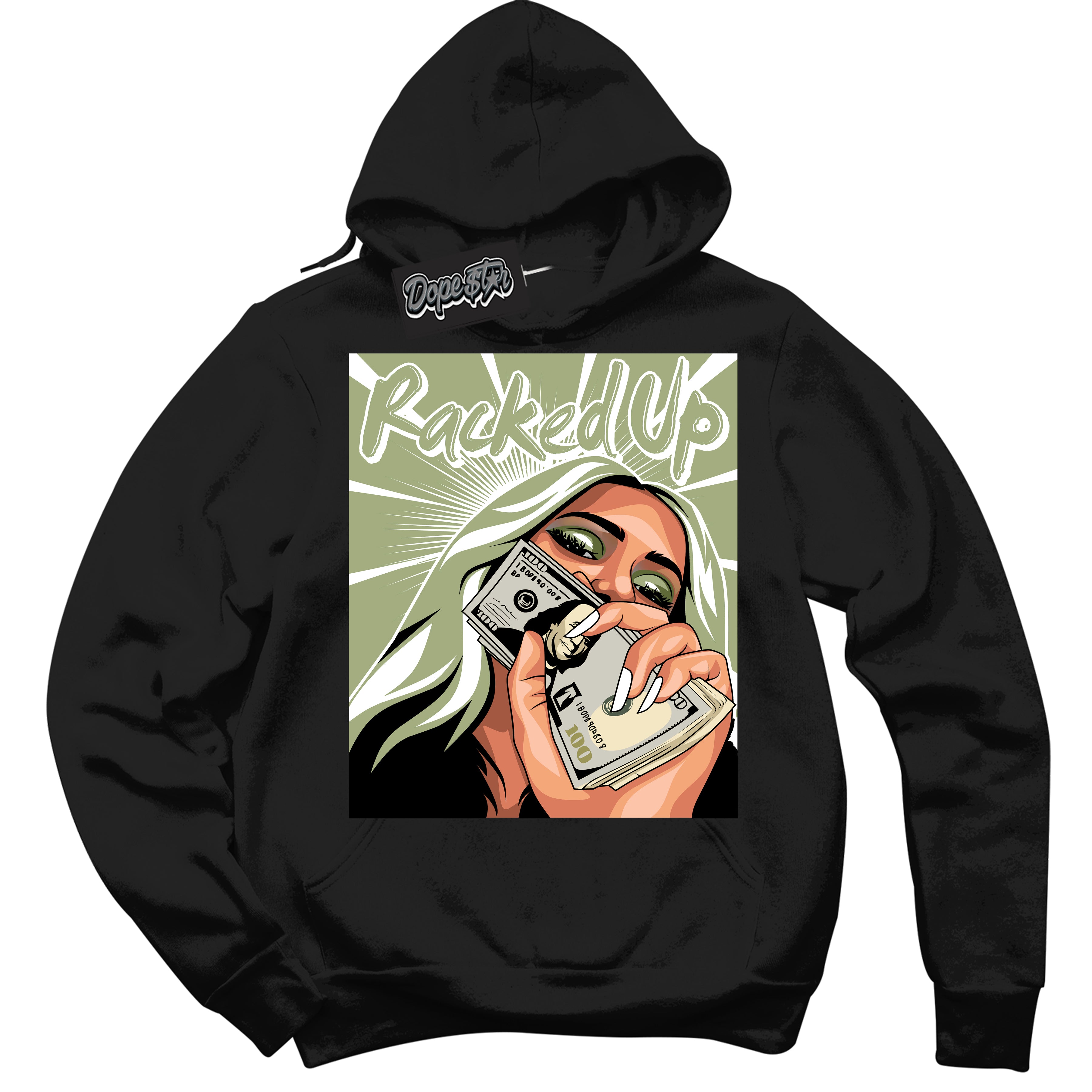 Cool Black Hoodie with “ Racked Up ” design that Perfectly Matches Safari Oil Green Dunk.