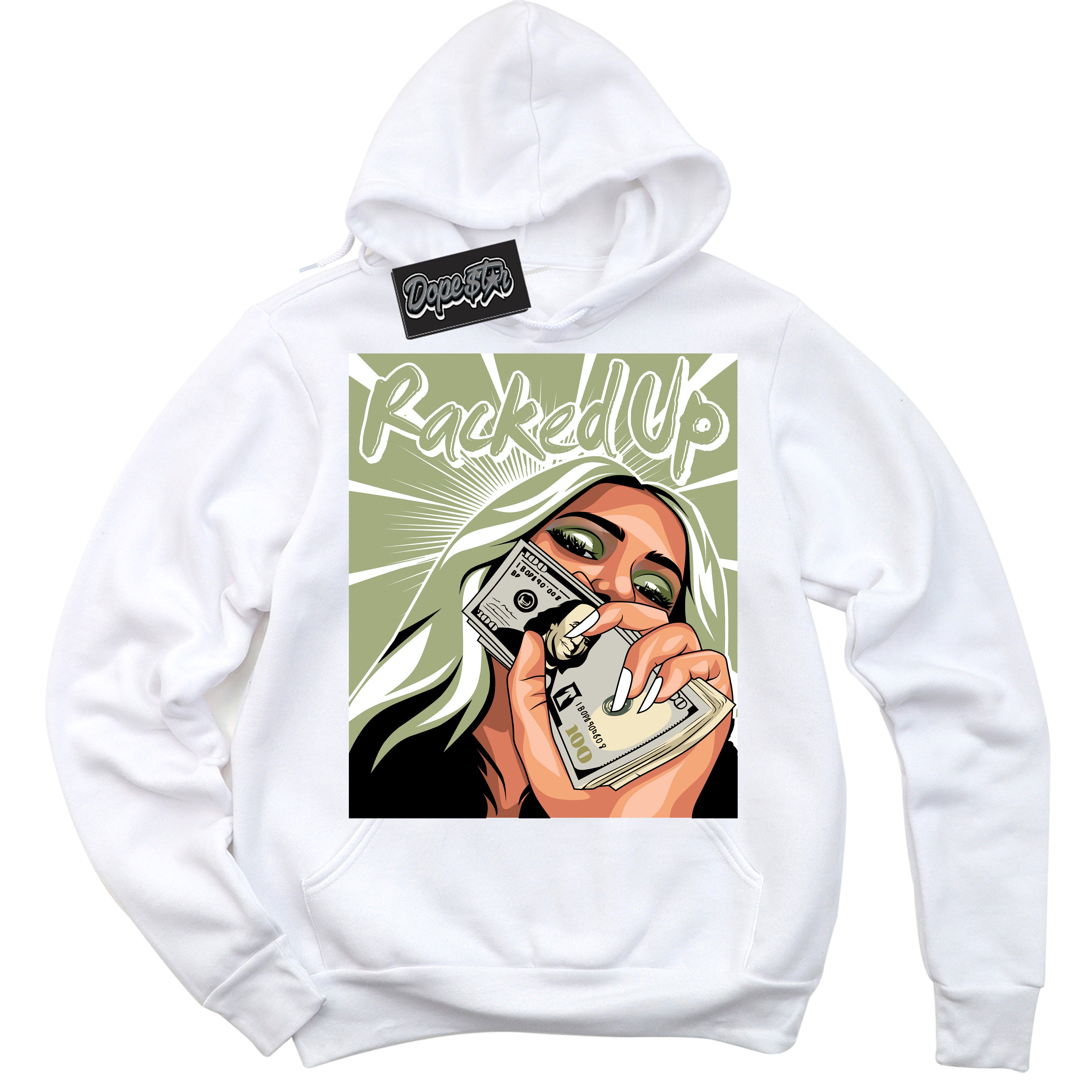Cool White Hoodie with “ Racked Up ” design that Perfectly Matches Safari Oil Green Dunk.