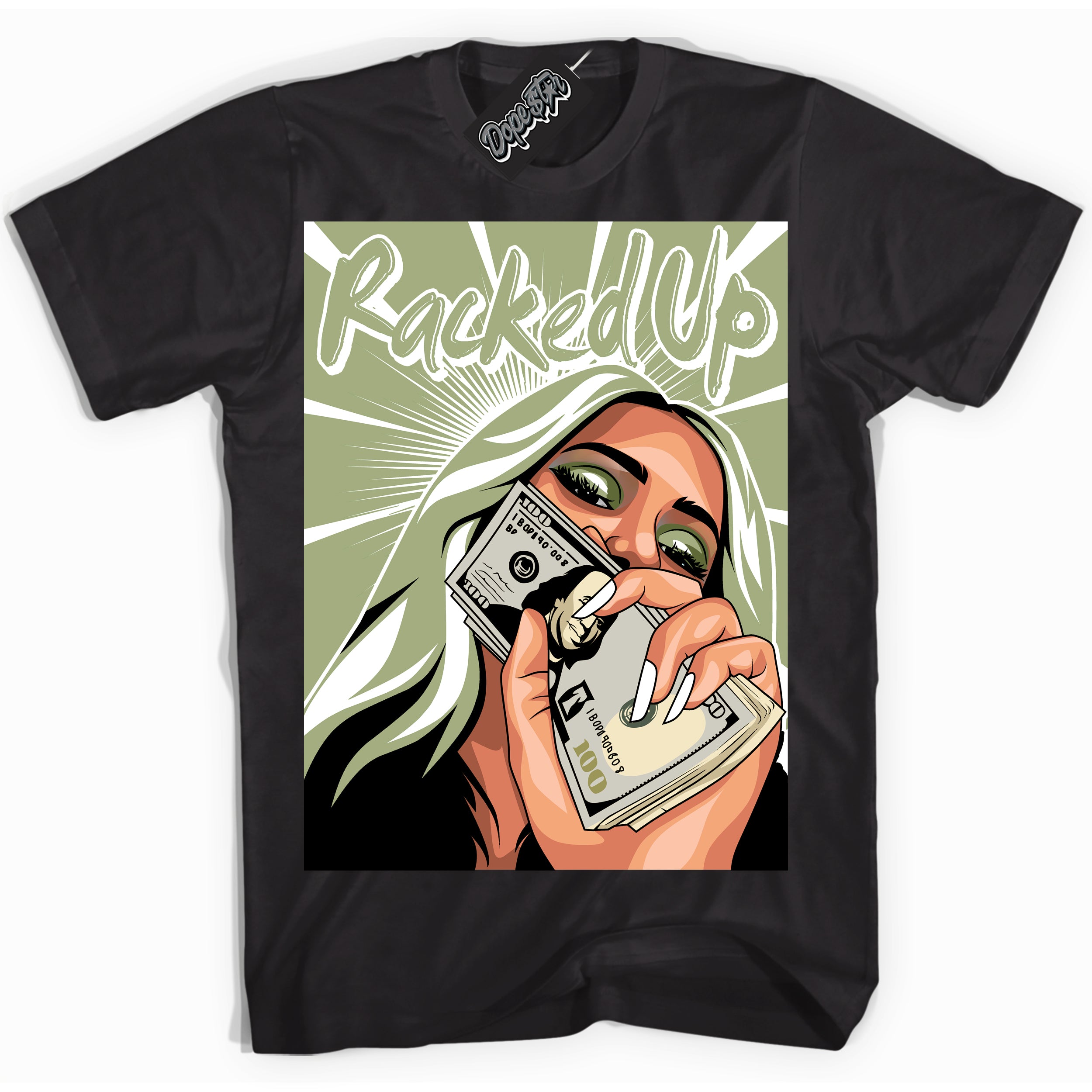 Cool Black Shirt with “ Racked Up ” design that perfectly matches Safari Oil Green Dunk.