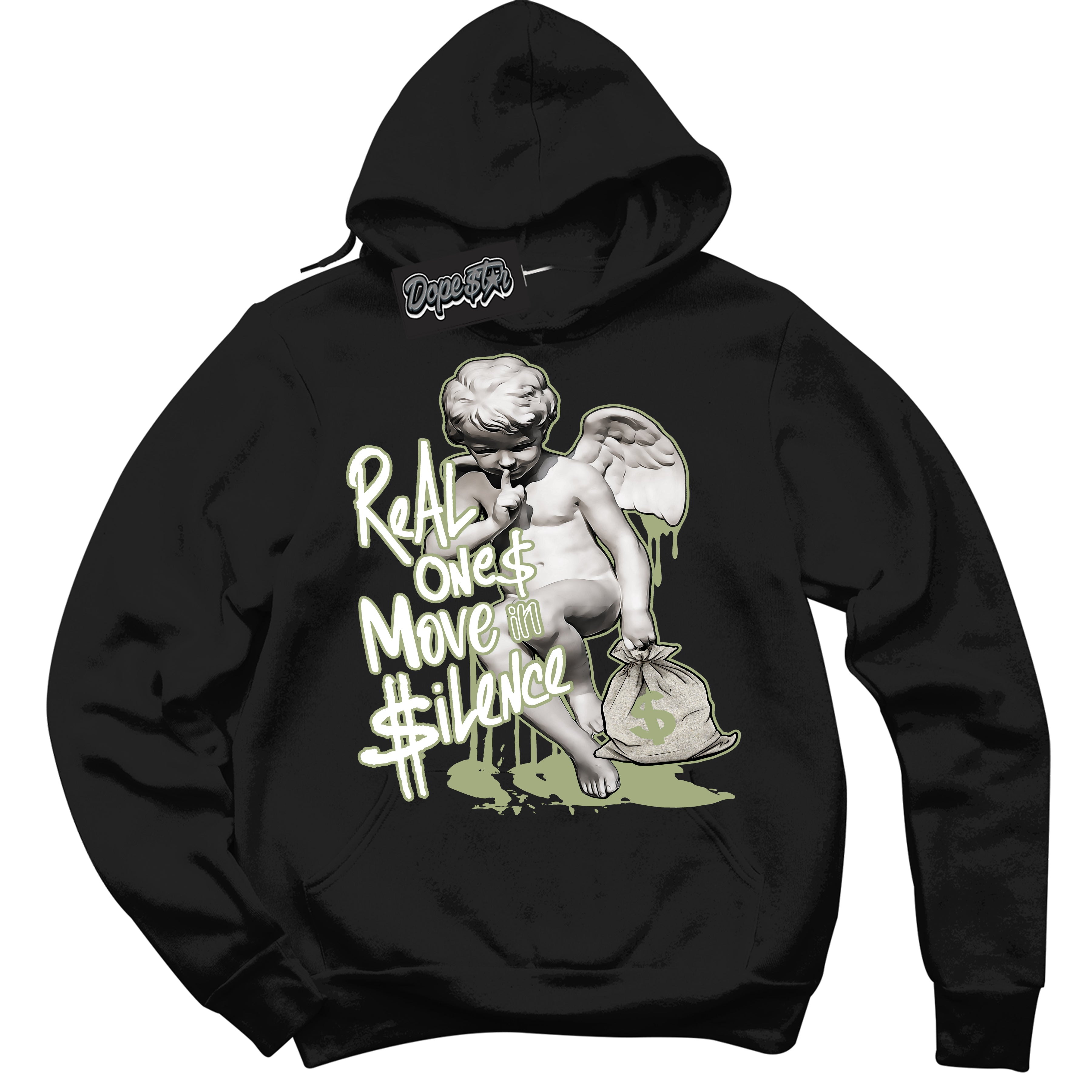 Cool Black Hoodie with “ Real Ones Cherub ” design that Perfectly Matches Safari Oil Green Dunk.