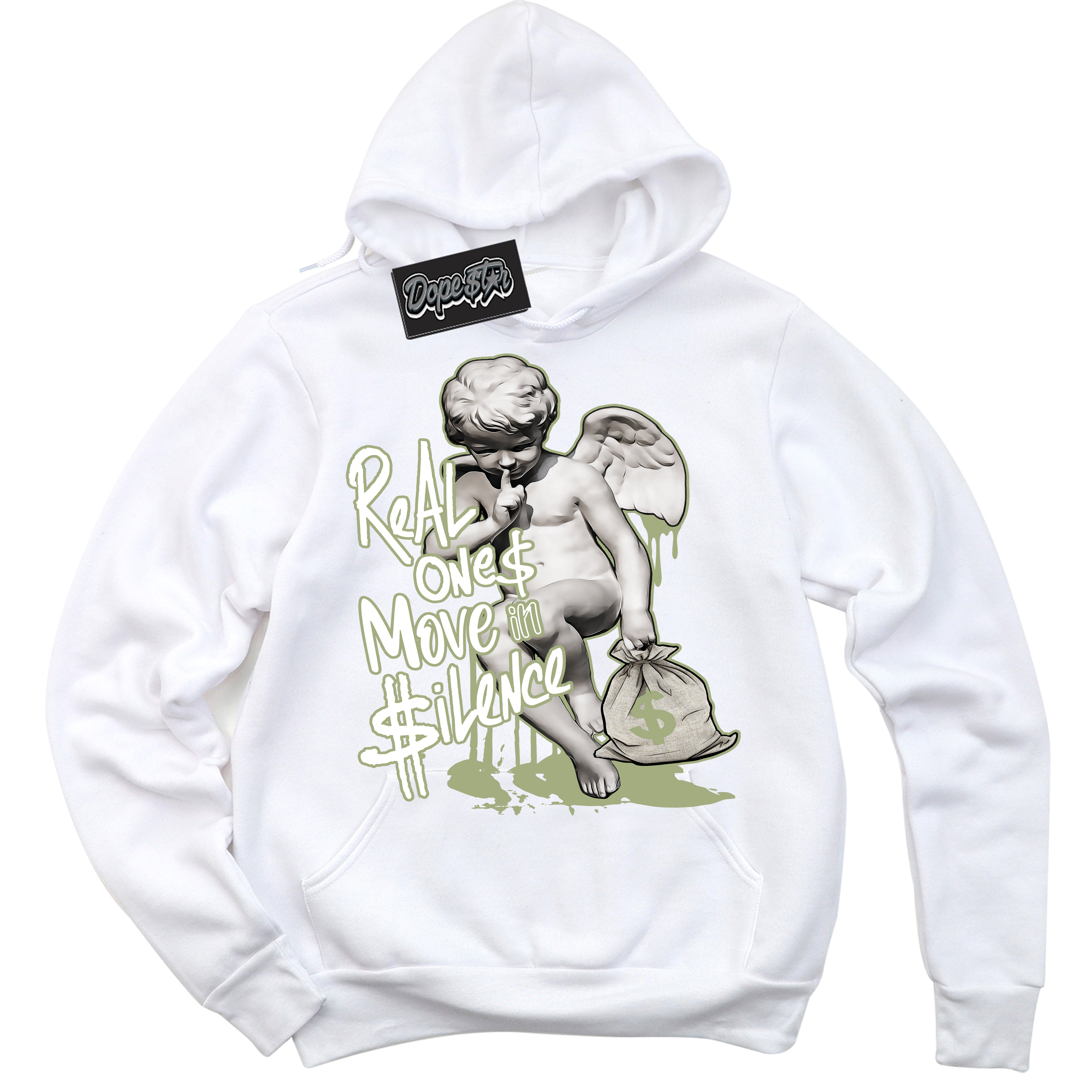 Cool White Hoodie with “ Real Ones Cherub ” design that Perfectly Matches Safari Oil Green Dunk.