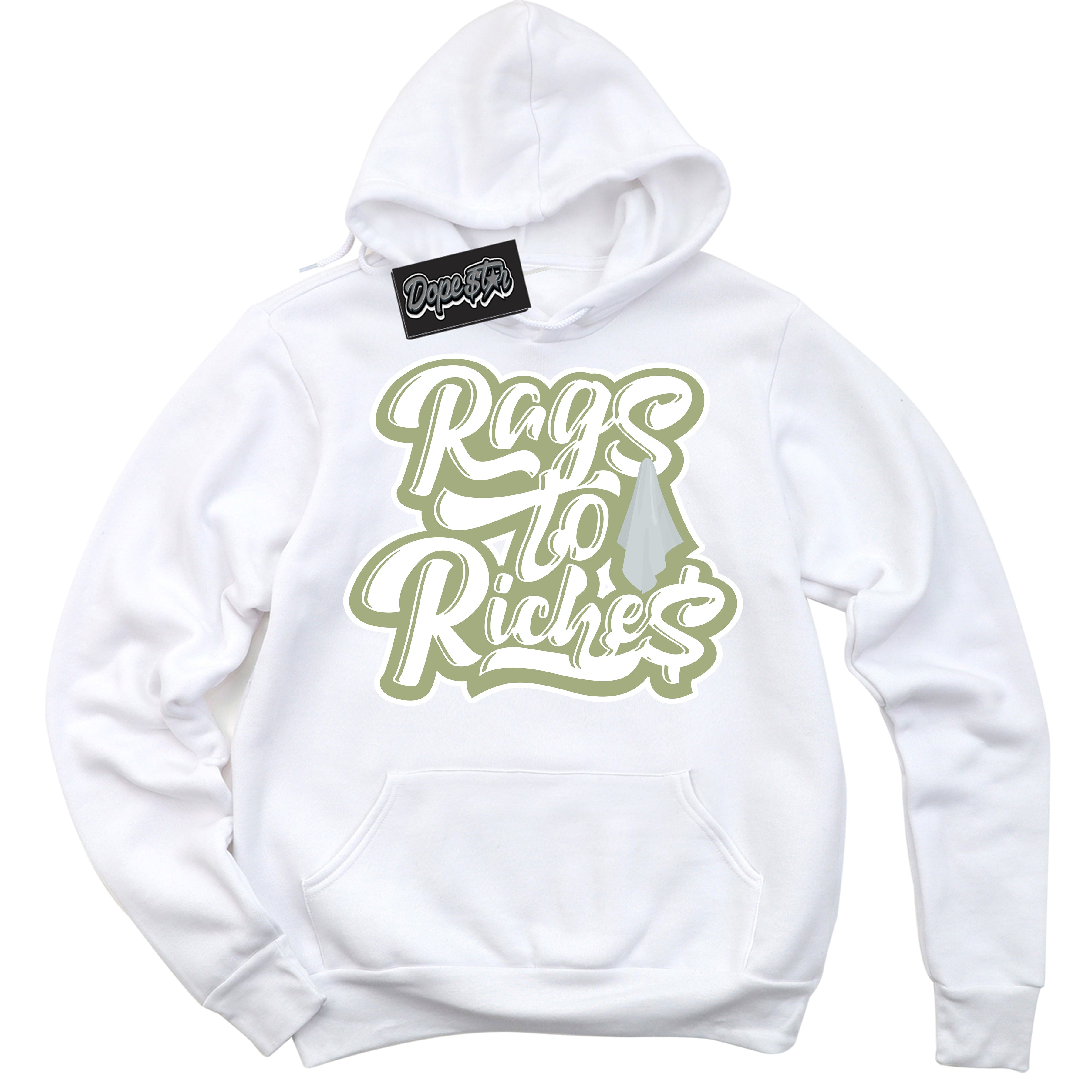Cool White Hoodie with “ Rags To Riches ” design that Perfectly Matches Safari Oil Green Dunk.