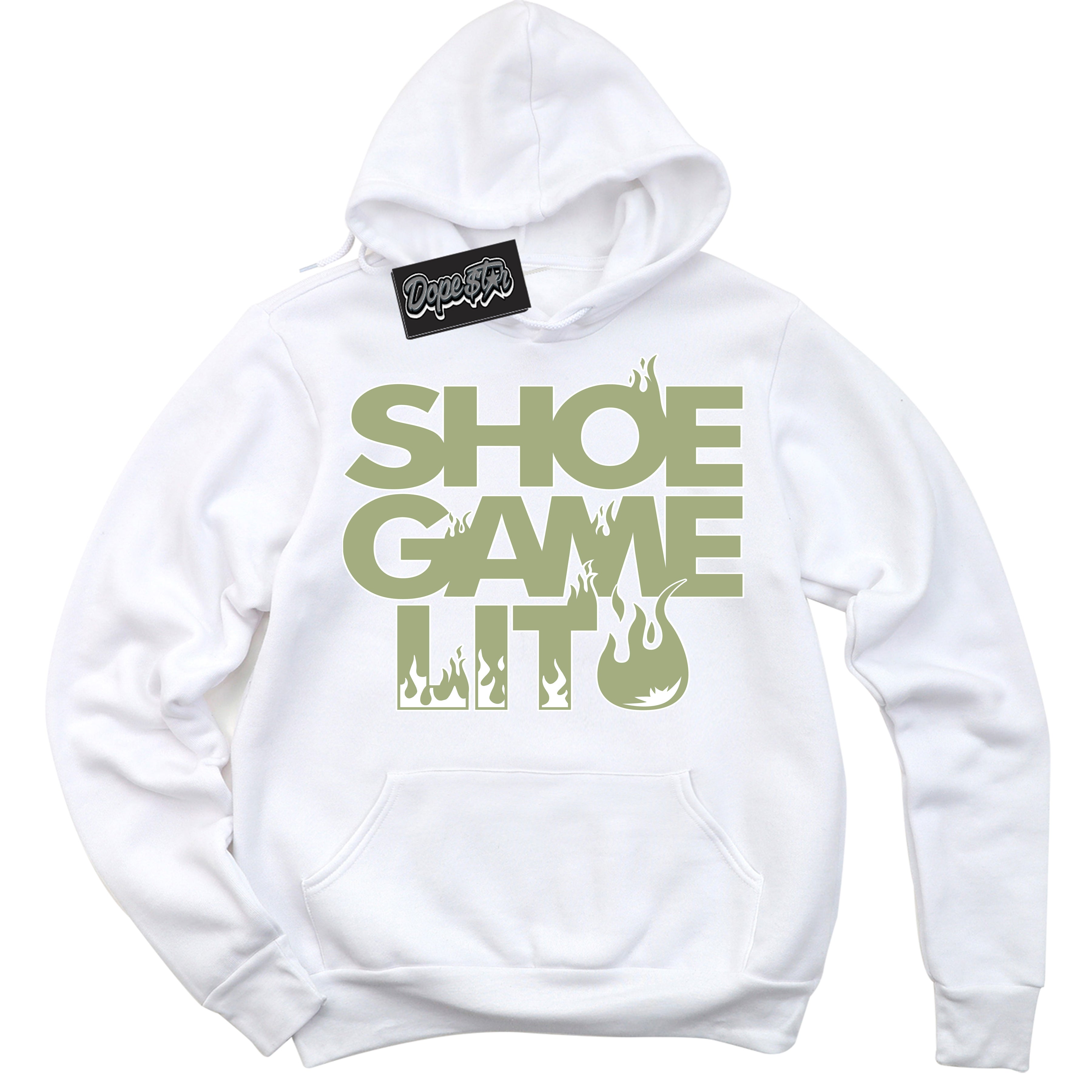 Cool White Hoodie with “ Shoe Game Lit ” design that Perfectly Matches Safari Oil Green Dunk.