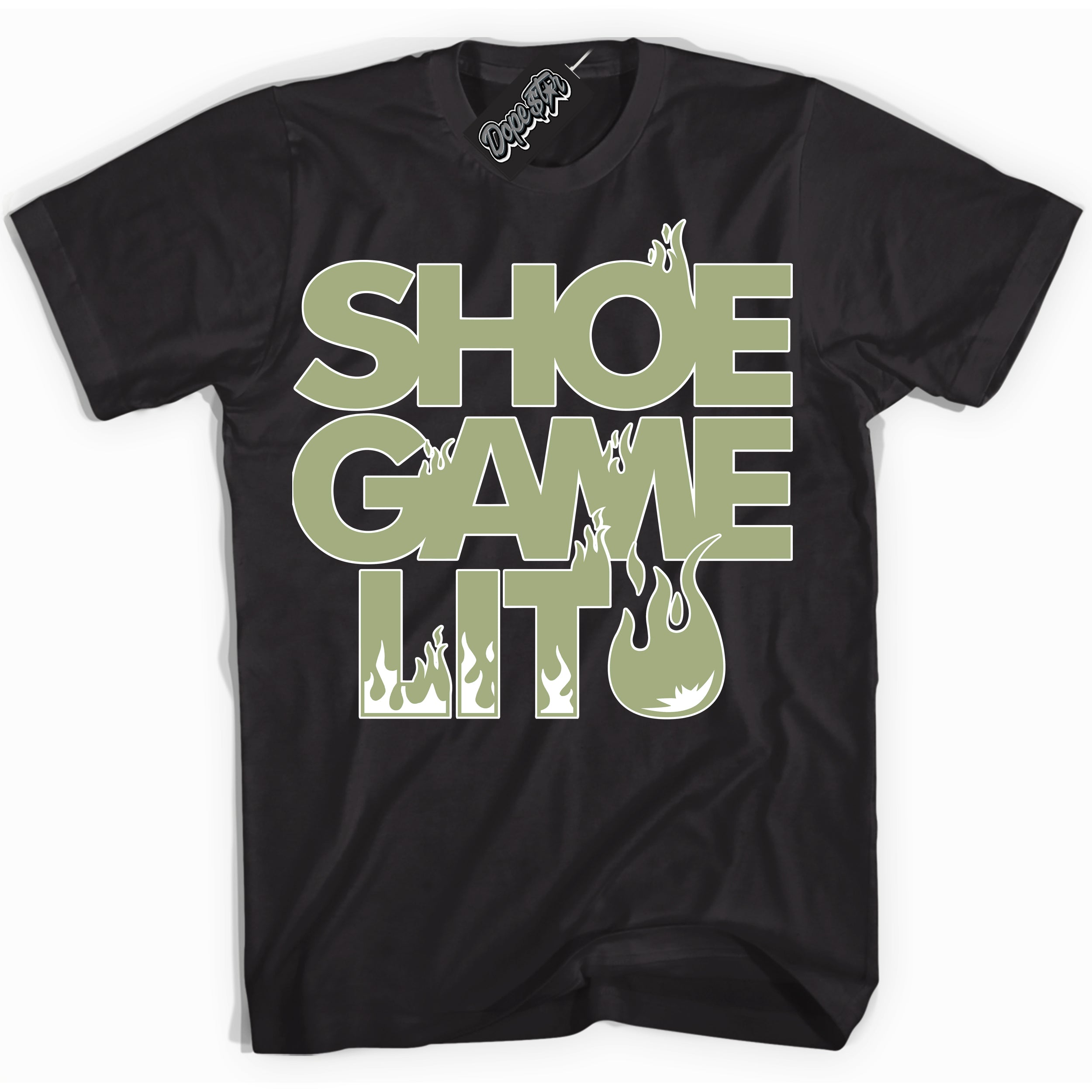 Cool Black Shirt with “ Shoe Game Lit ” design that perfectly matches Safari Oil Green Dunk.