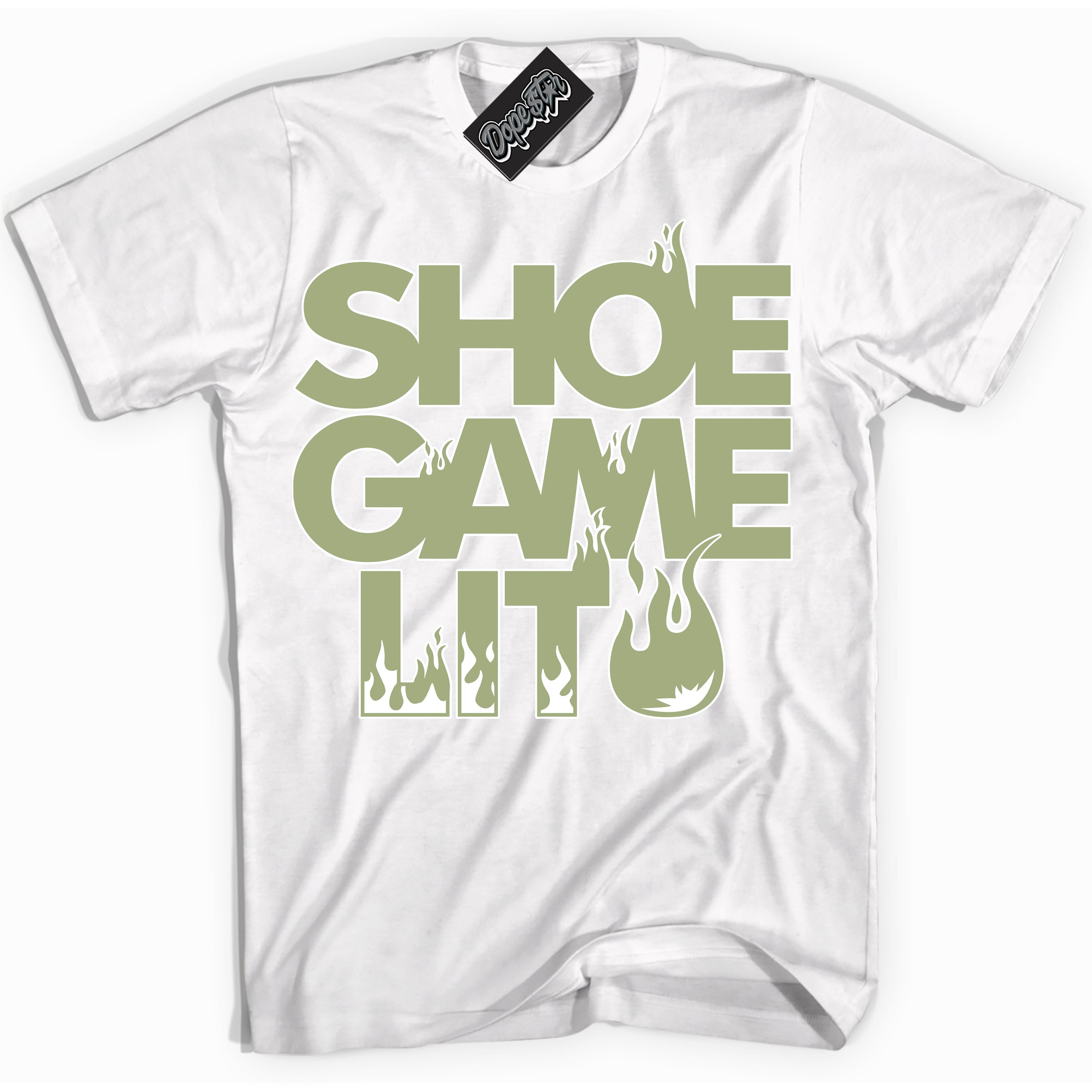 Cool White Shirt with “ Shoe Game Lit ” design that perfectly matches Safari Oil Green Dunk.