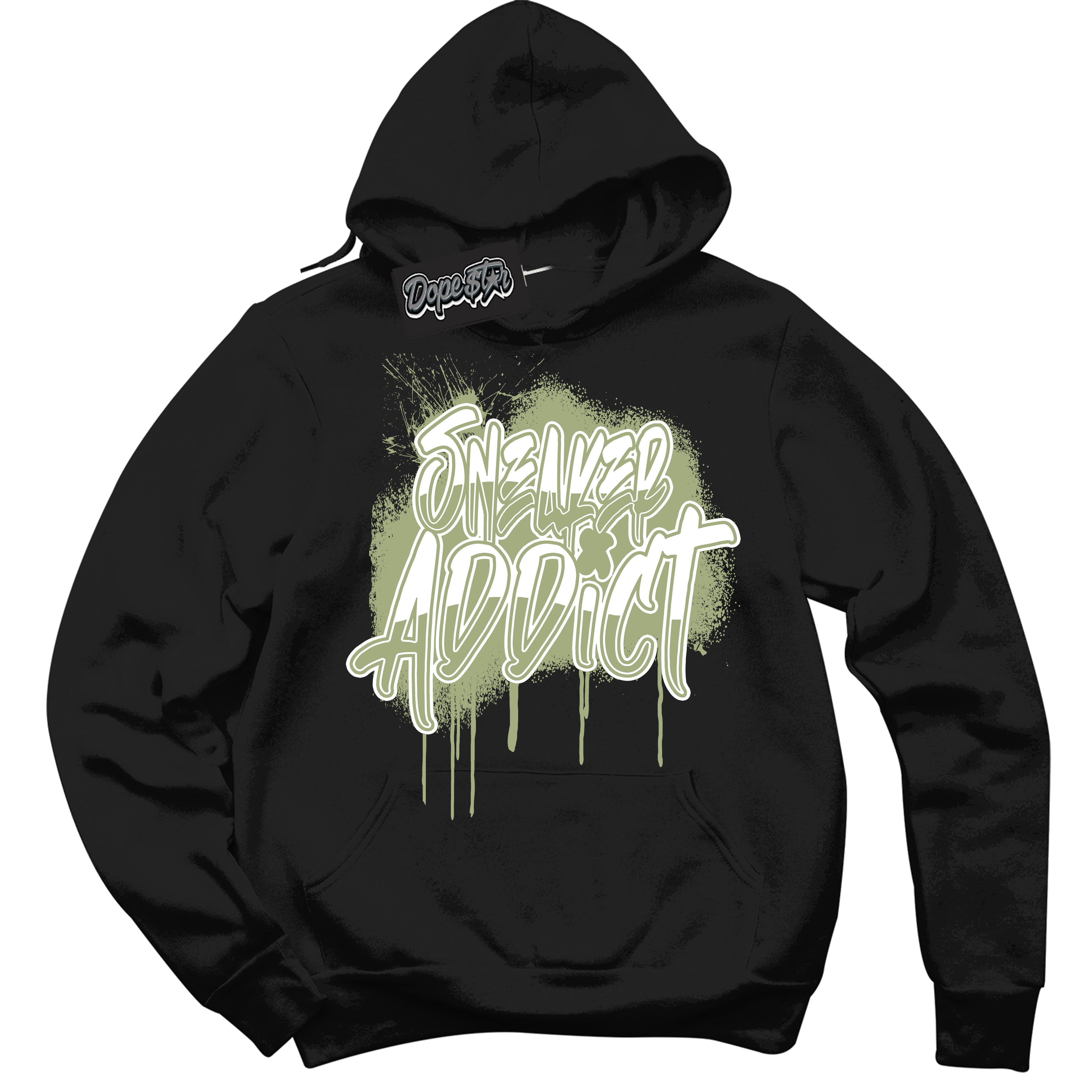 Cool Black Hoodie with “ Sneaker Addict ” design that Perfectly Matches Safari Oil Green Dunk.