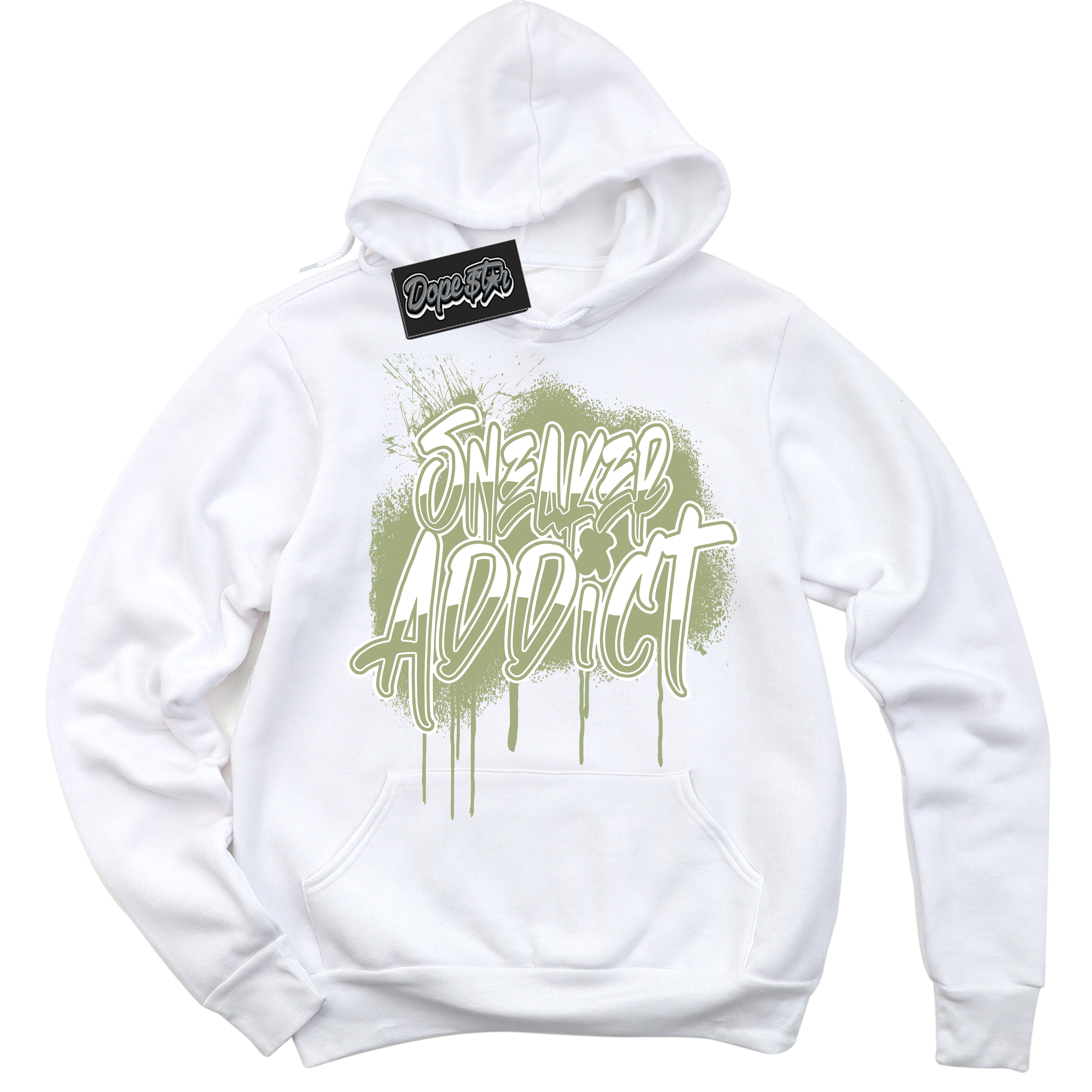 Cool White Hoodie with “ Sneaker Addict ” design that Perfectly Matches Safari Oil Green Dunk.