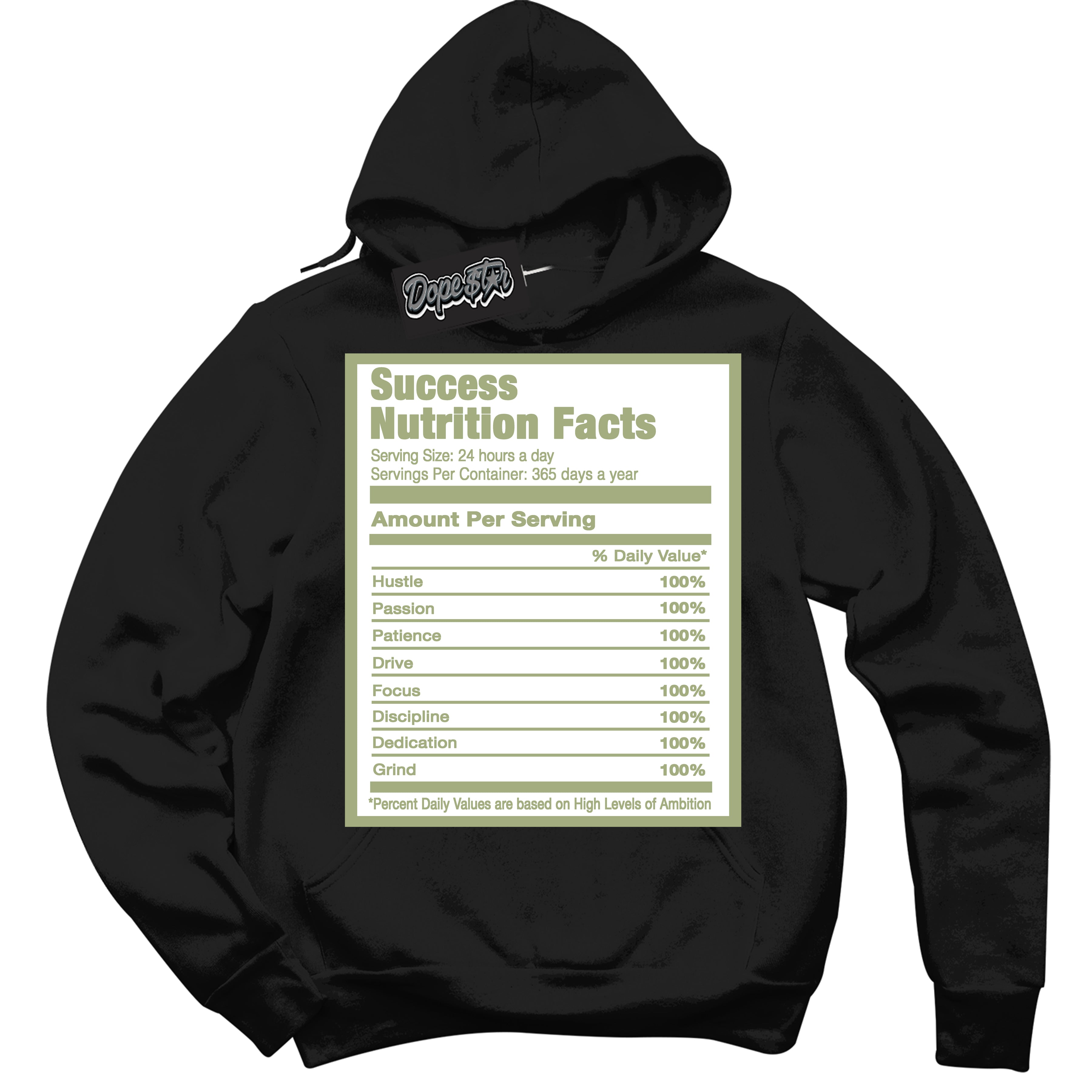 Cool Black Hoodie with “ Success Nutrition ” design that Perfectly Matches Safari Oil Green Dunk.