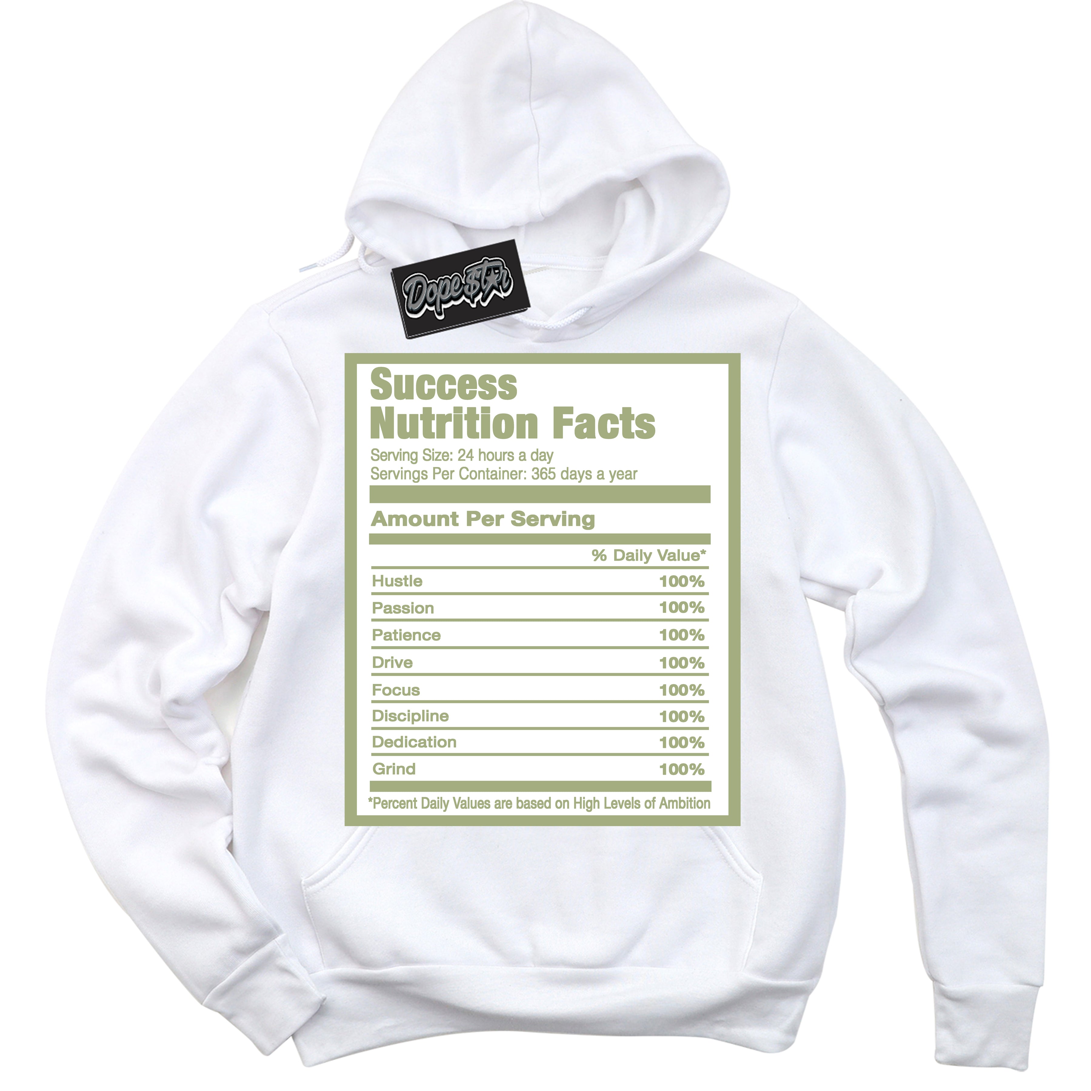 Cool White Hoodie with “ Success Nutrition ” design that Perfectly Matches Safari Oil Green Dunk.