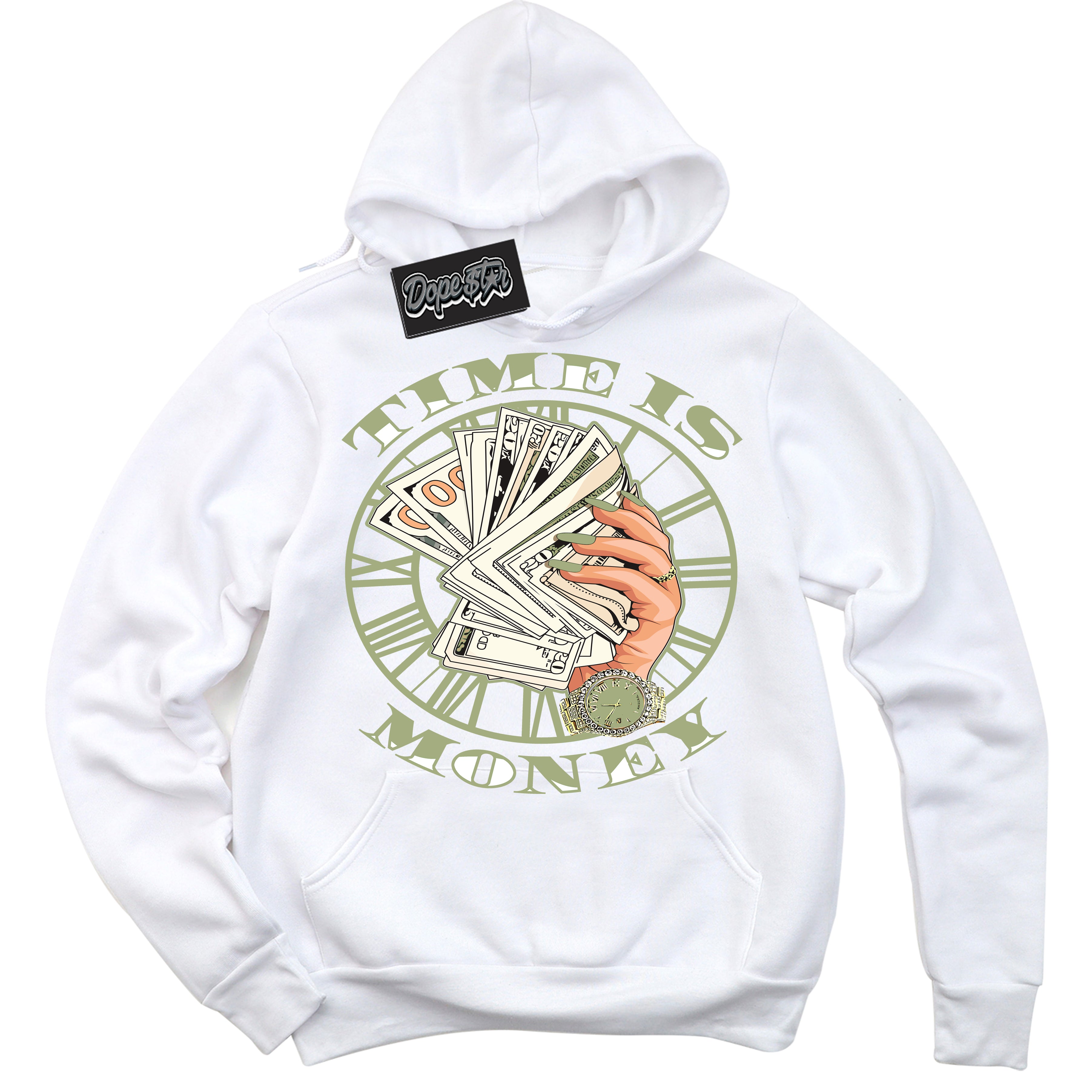Cool White Hoodie with “ Time Is Money ” design that Perfectly Matches Safari Oil Green Dunk.