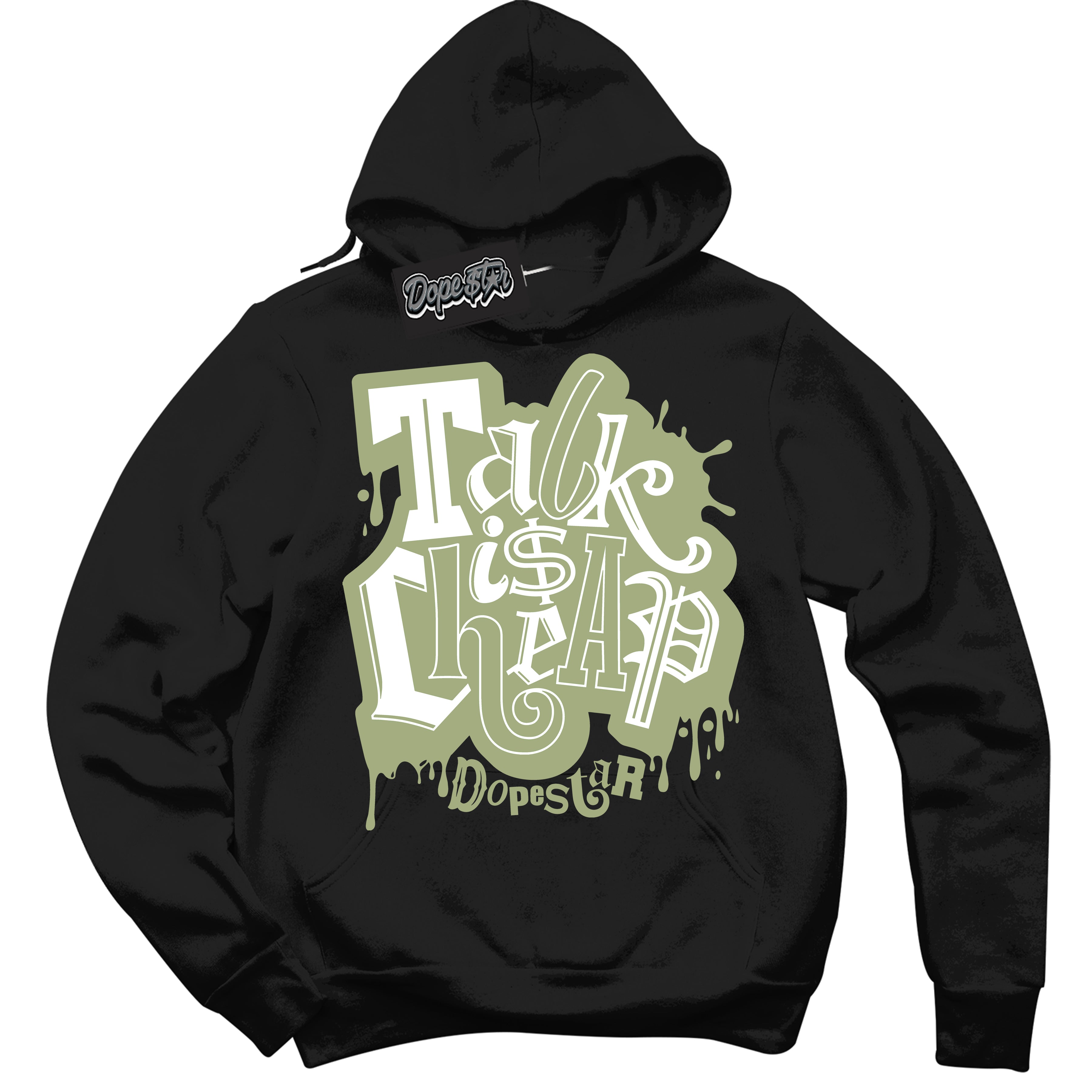 Cool Black Hoodie with “ Talk Is Cheap ” design that Perfectly Matches Safari Oil Green Dunk.