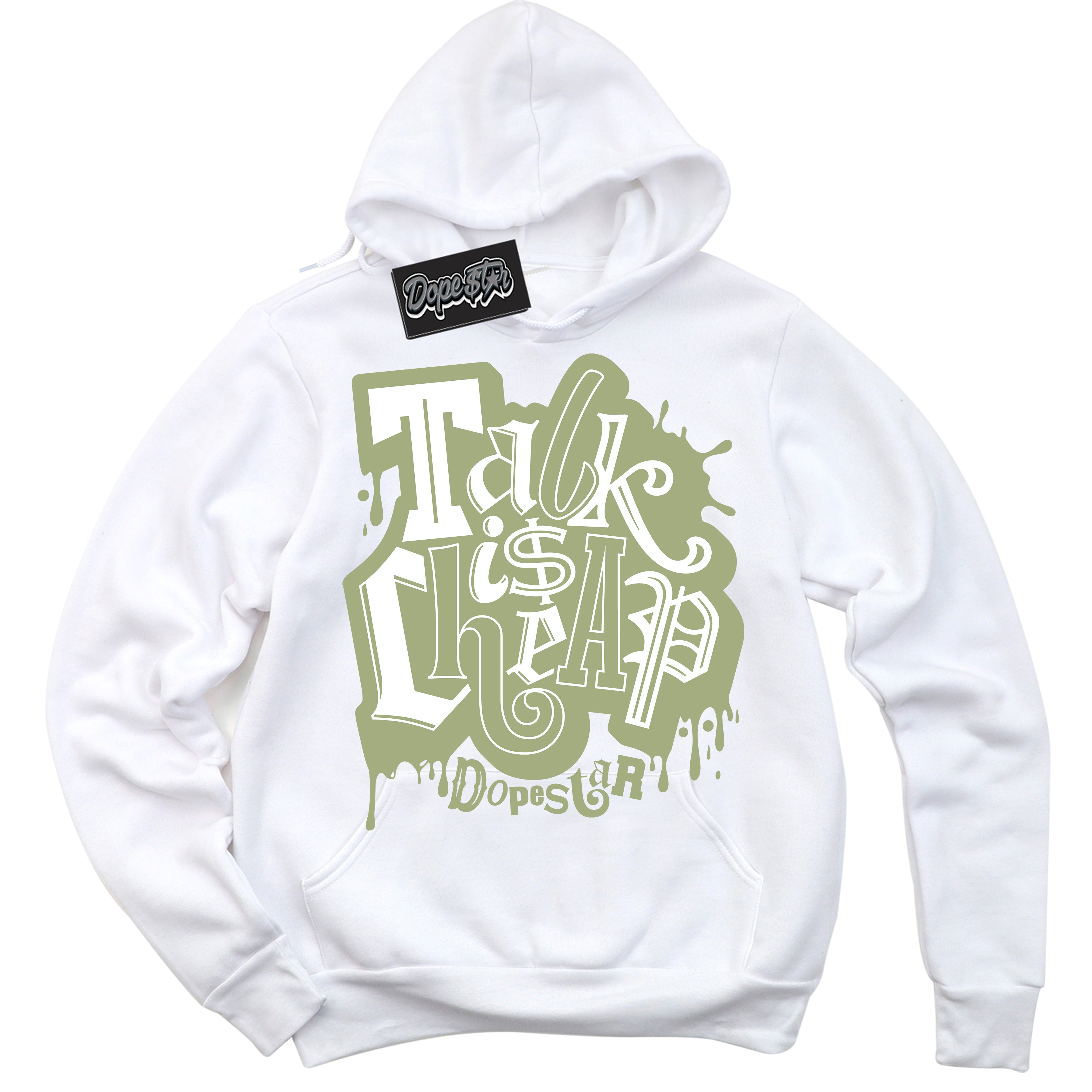 Cool White Hoodie with “ Talk Is Cheap ” design that Perfectly Matches Safari Oil Green Dunk.