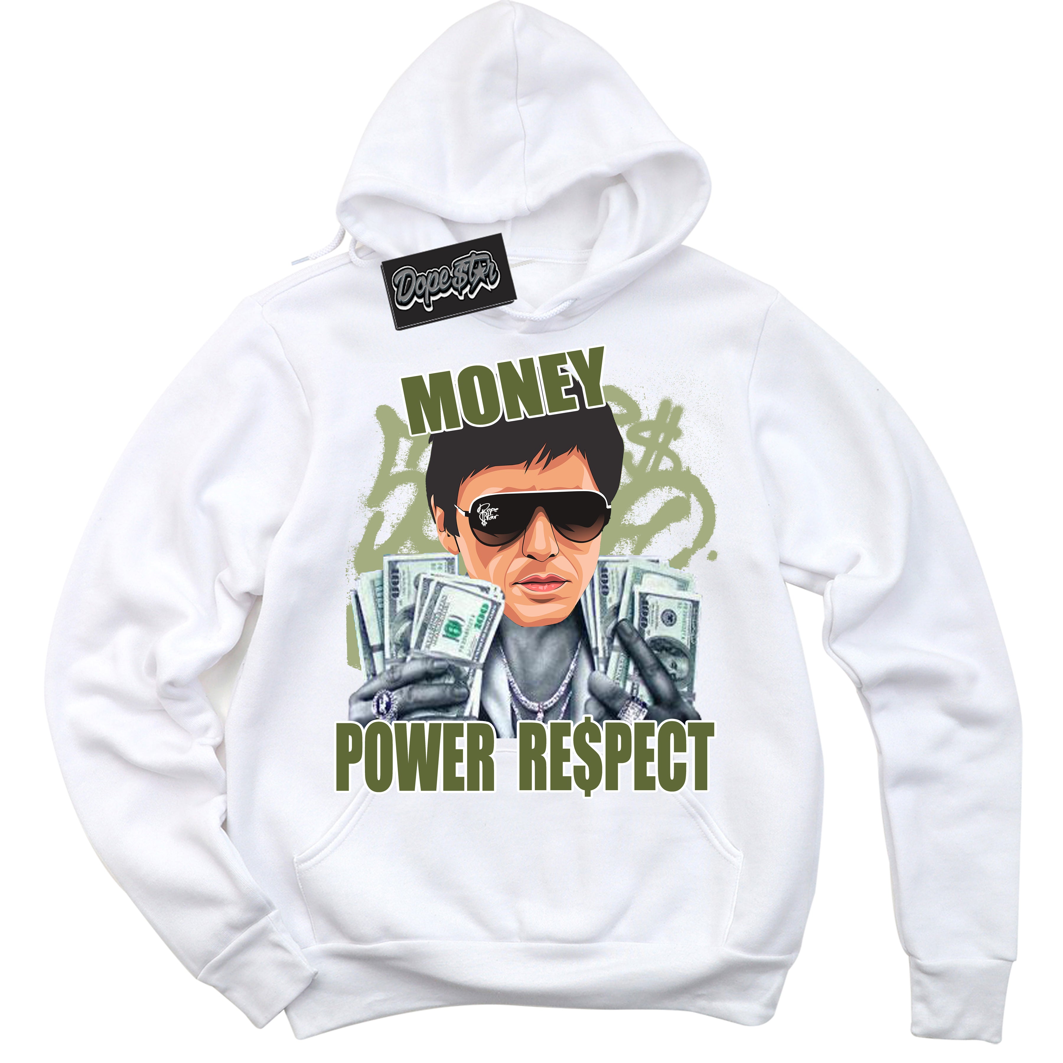 Cool White Hoodie with “ Tony Montana ” design that Perfectly Matches Safari Oil Green Dunk.