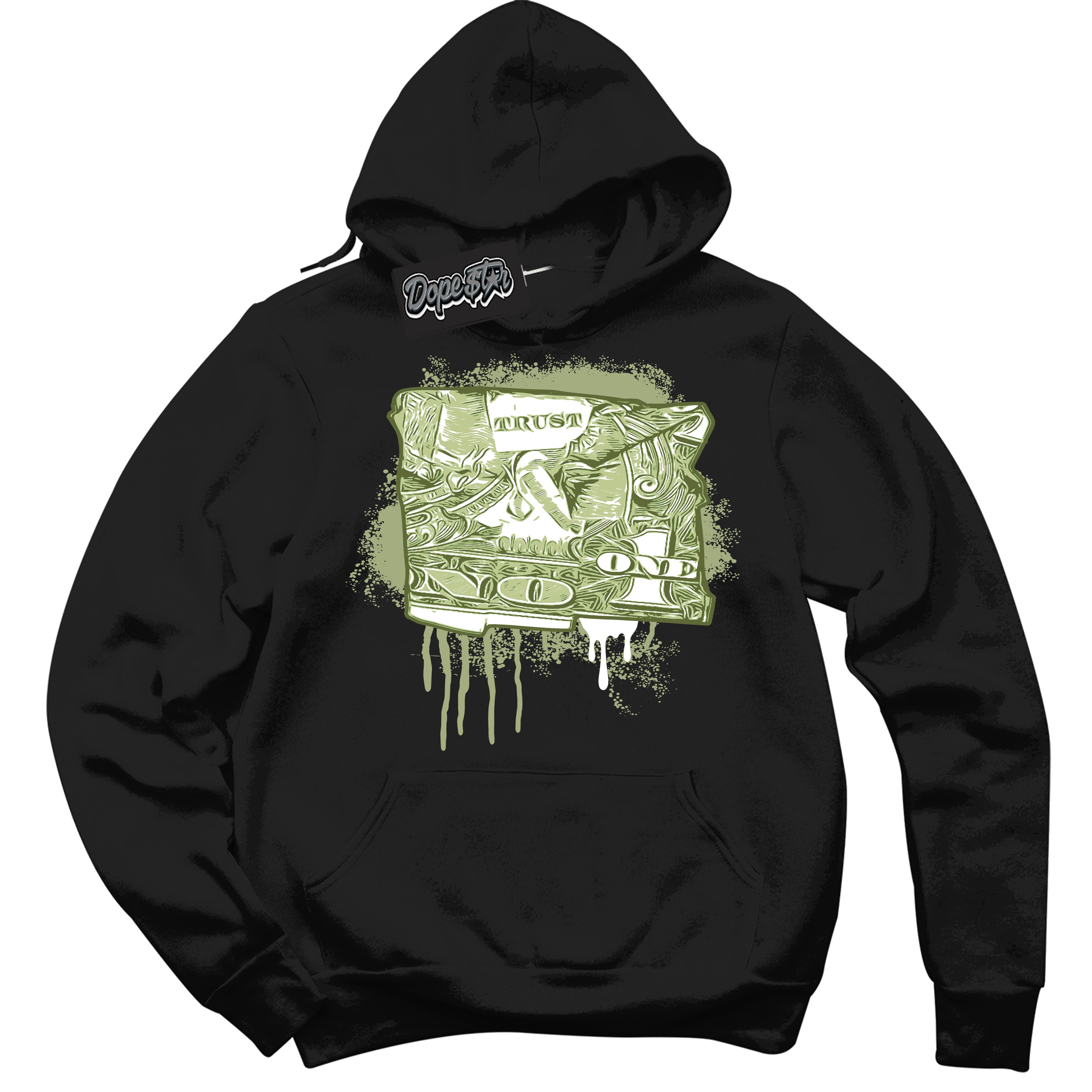 Cool Black Hoodie with “ Trust No One Dollar ” design that Perfectly Matches Safari Oil Green Dunk.