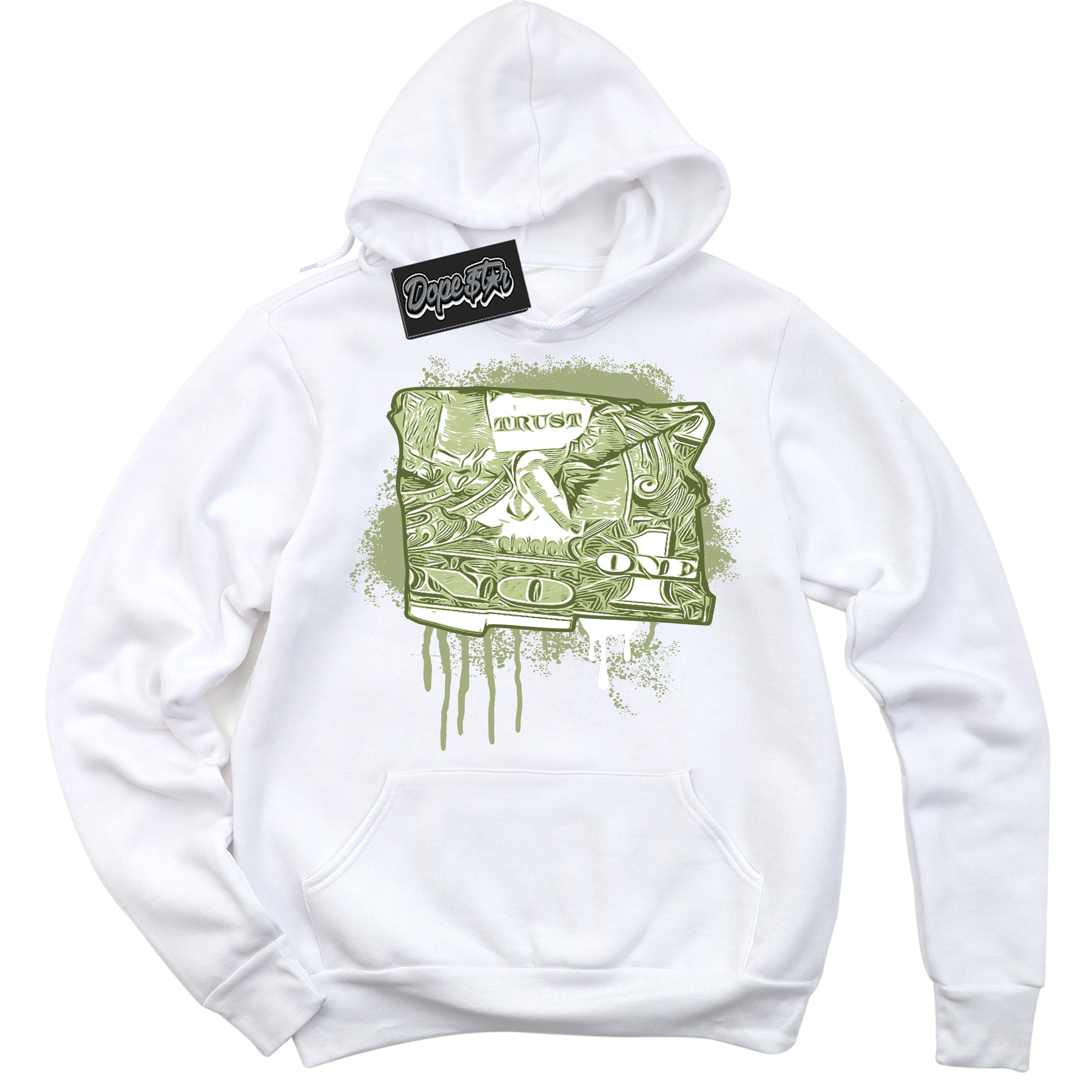 Cool White Hoodie with “ Trust No One Dollar ” design that Perfectly Matches Safari Oil Green Dunk.