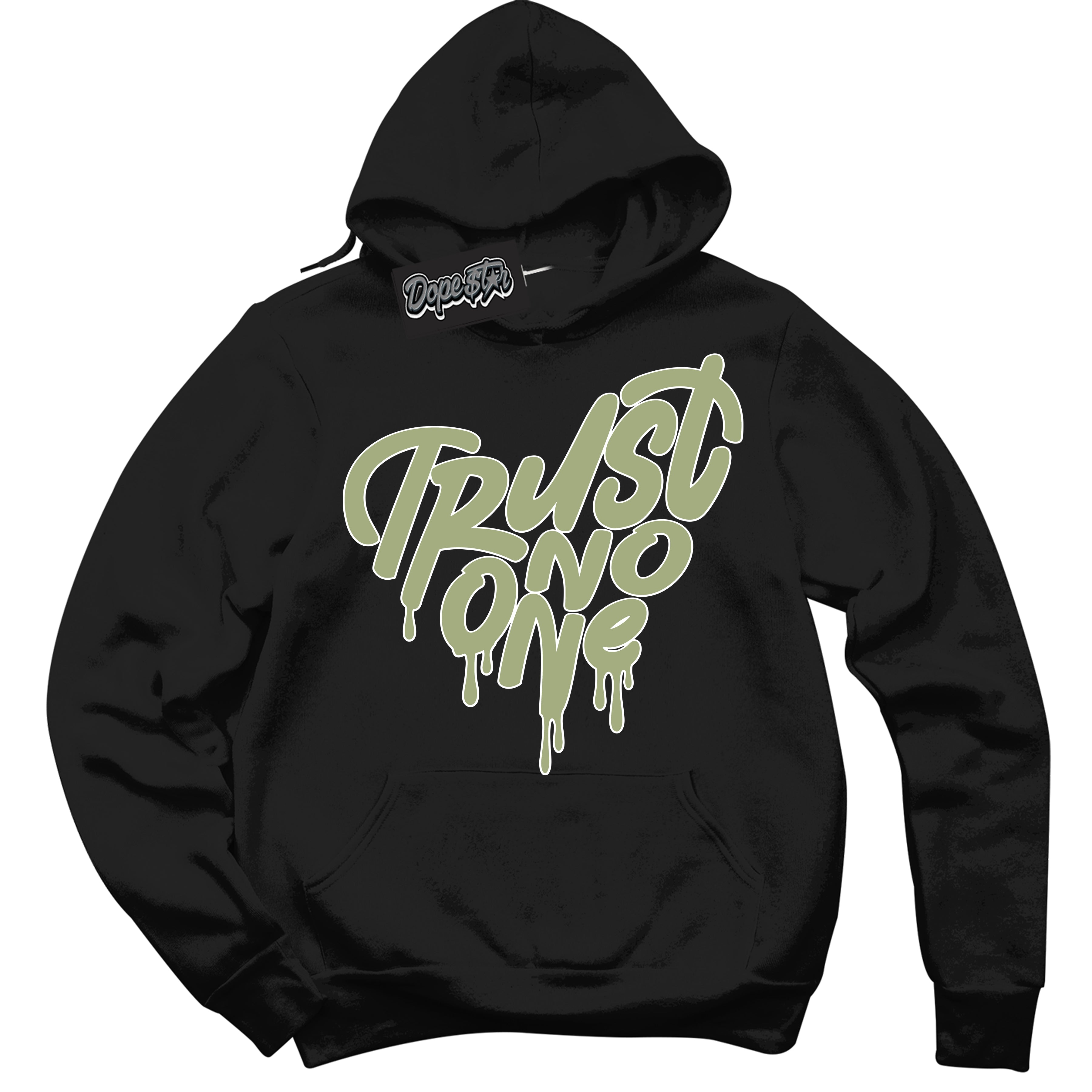 Cool Black Hoodie with “ Trust No One Heart ” design that Perfectly Matches Safari Oil Green Dunk.