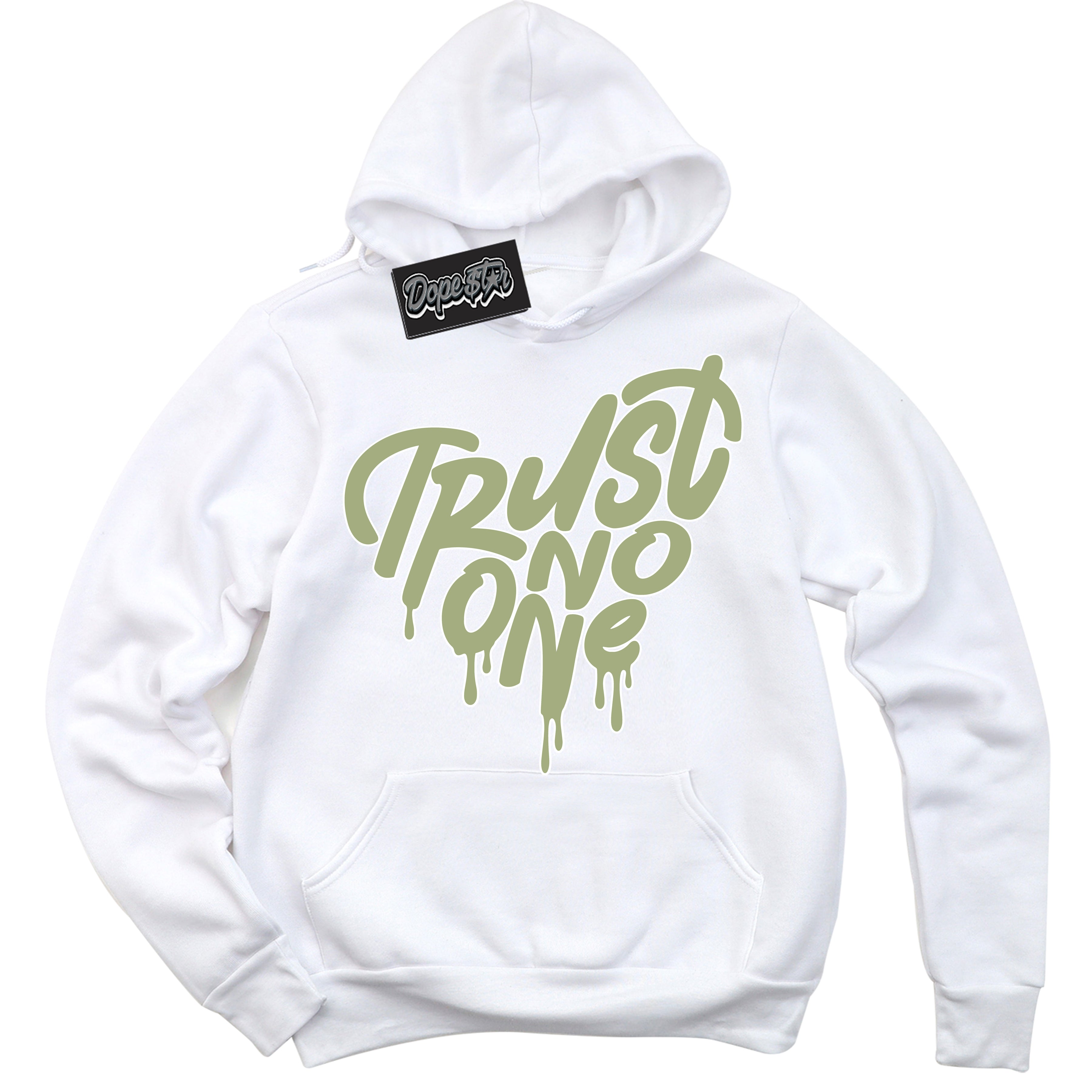 Cool White Hoodie with “ Trust No One Heart ” design that Perfectly Matches Safari Oil Green Dunk.