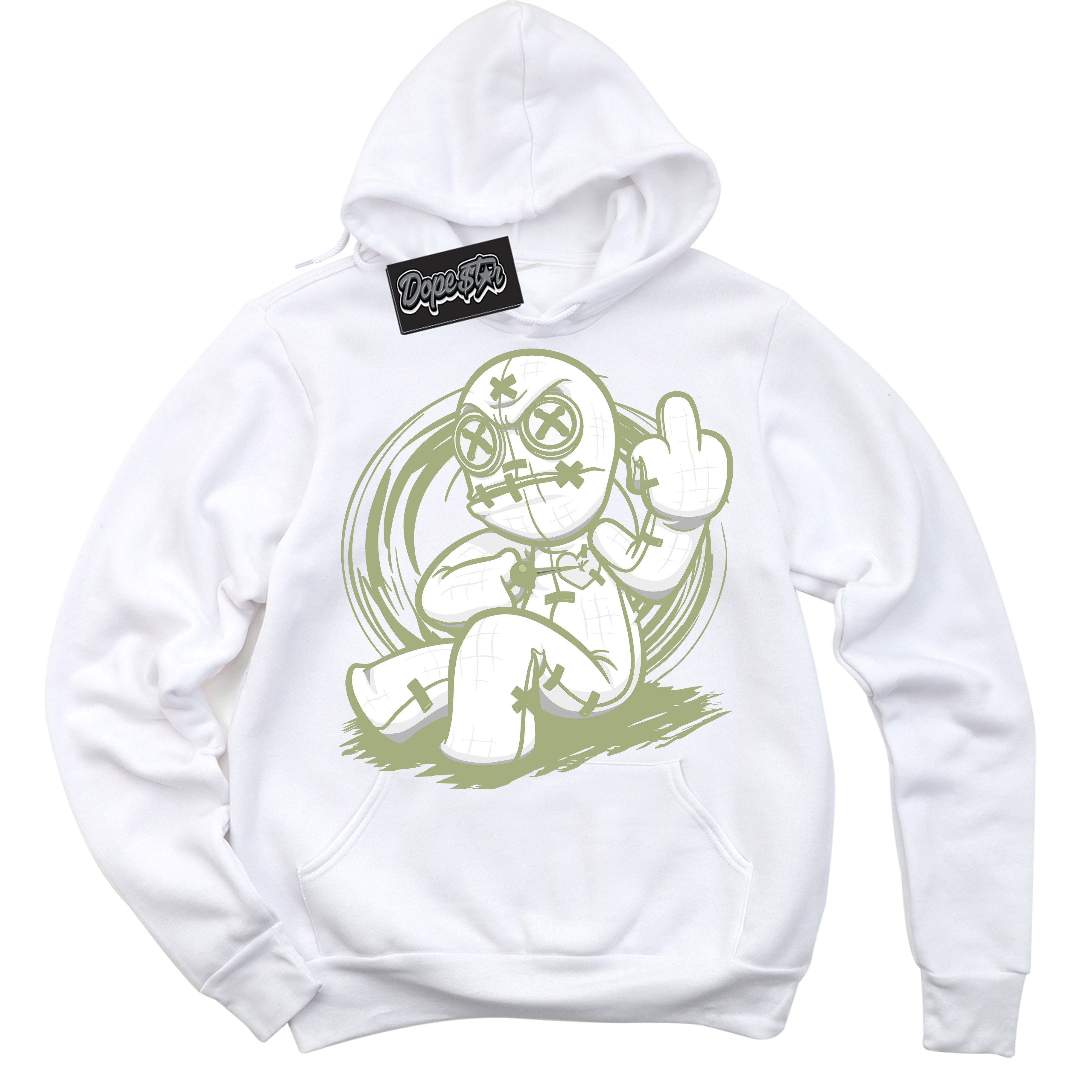 Cool White Hoodie with “ Voodoo Doll ” design that Perfectly Matches Safari Oil Green Dunk.