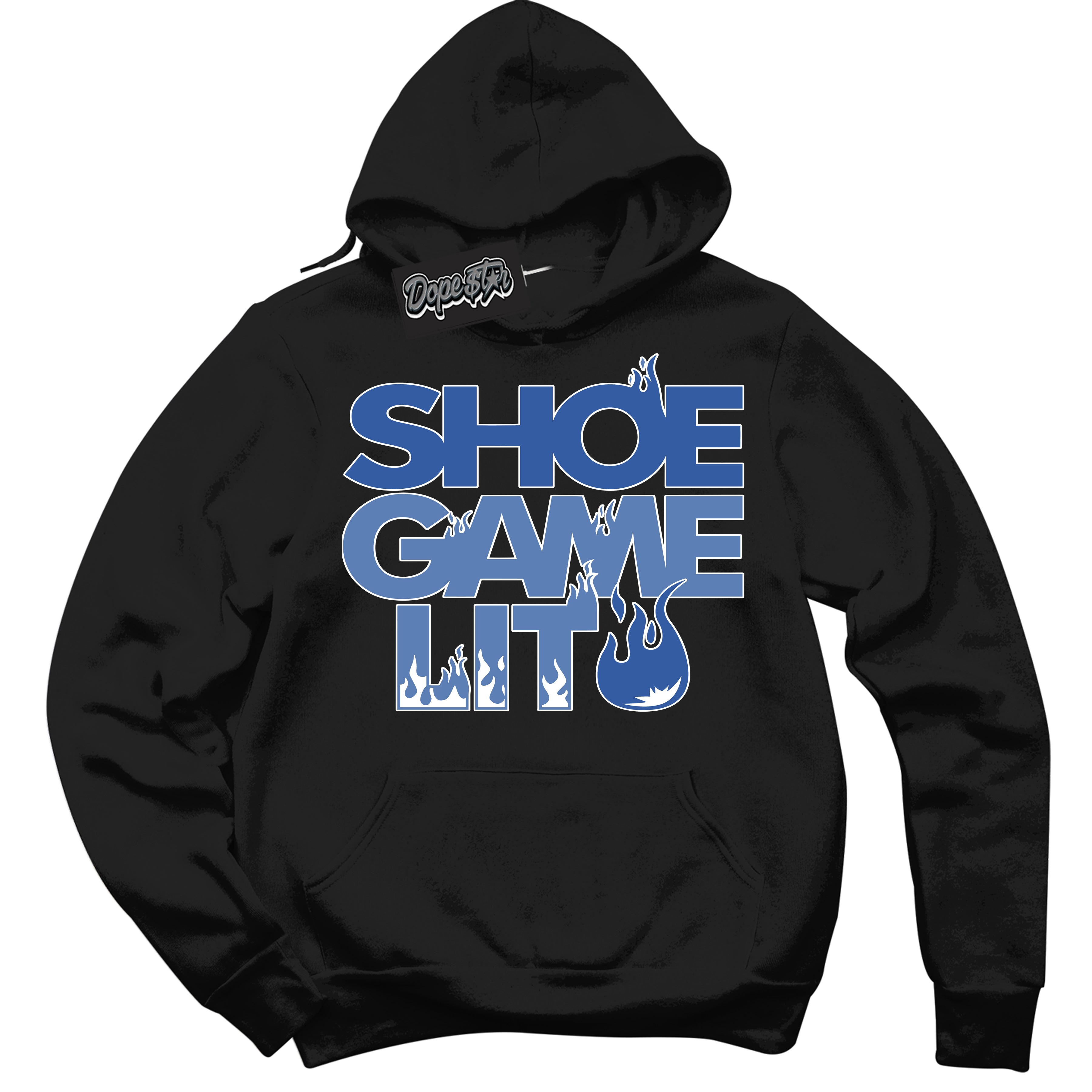 Cool Black Hoodie with “ Shoe Game Lit '' design that Perfectly Matches Twist University Blue Sneakers.