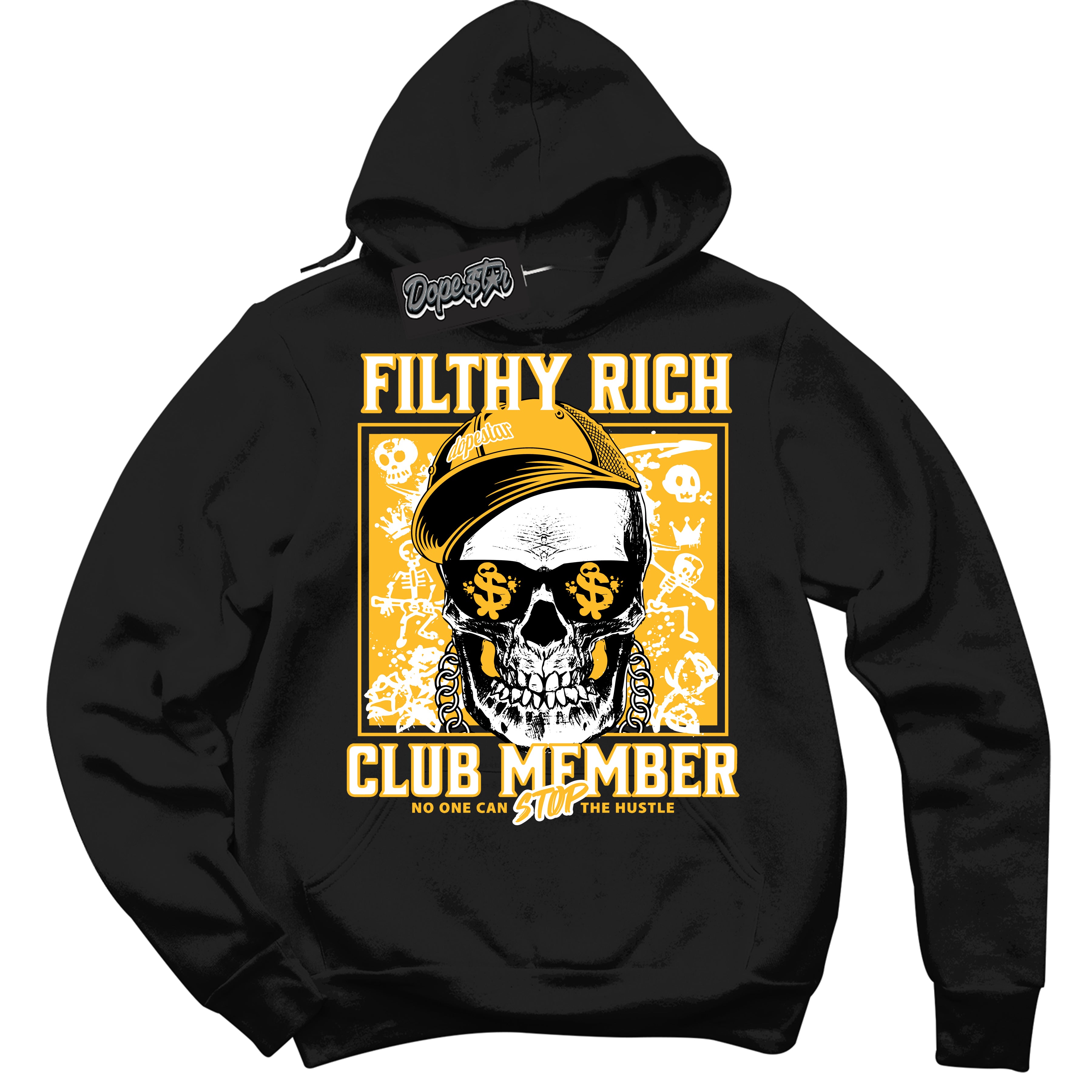 Cool Black Hoodie with “ Filthy Rich ” design that Perfectly Matches White University Gold Sneakers.