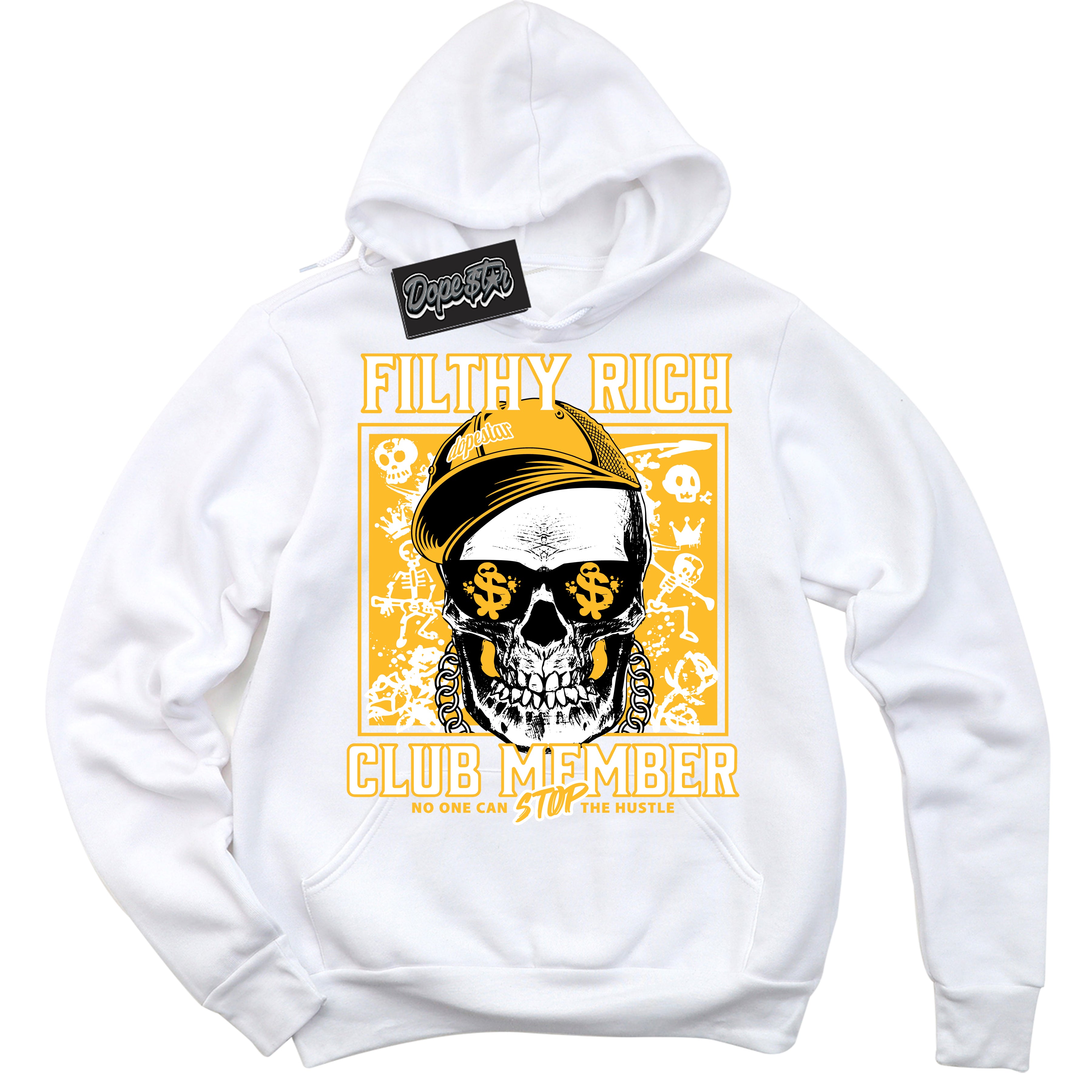 Cool White Hoodie with “ Filthy Rich ” design that Perfectly Matches White University Gold Sneakers.