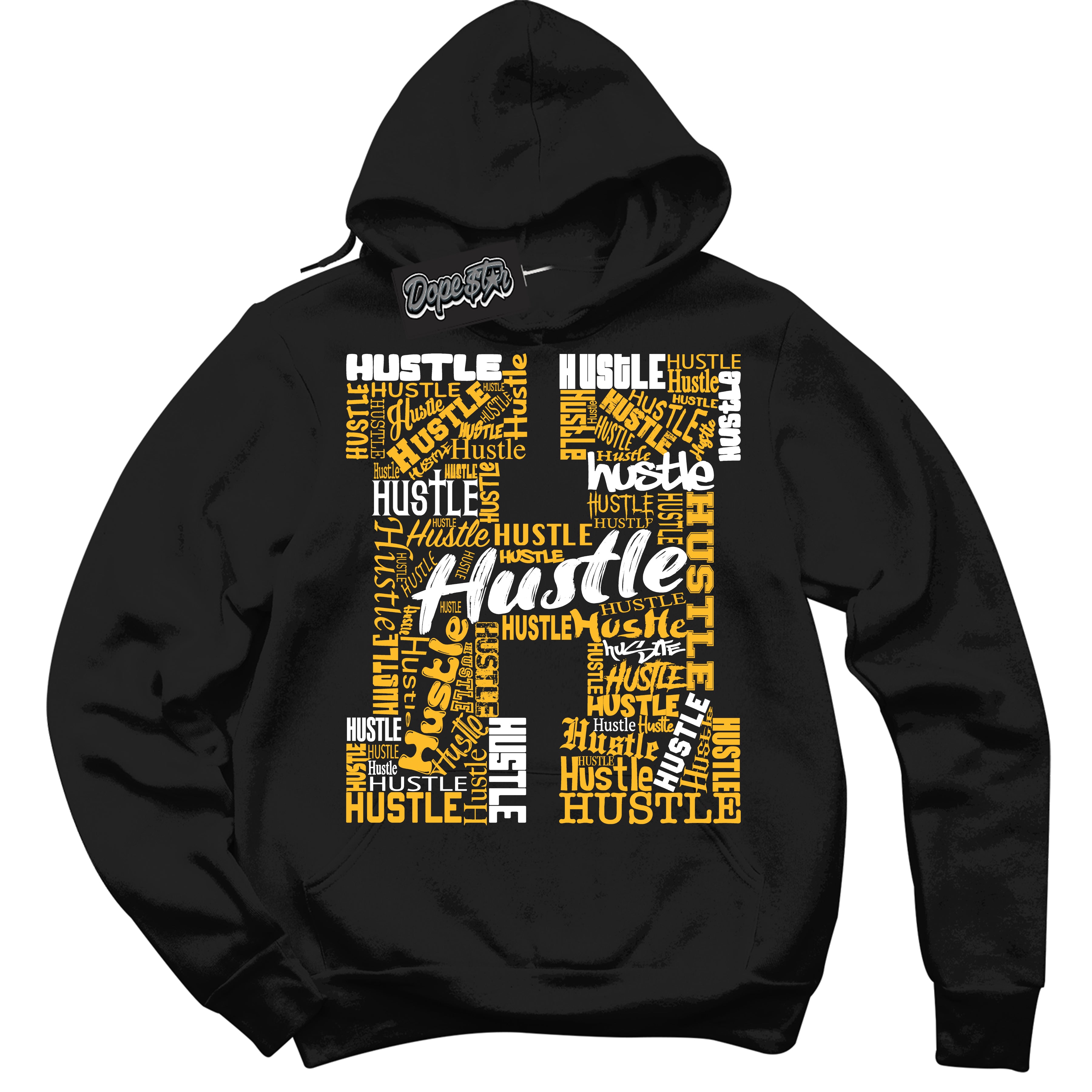 Cool Black Hoodie with “ H For Hustle '' design that Perfectly Matches White University Gold Sneakers.