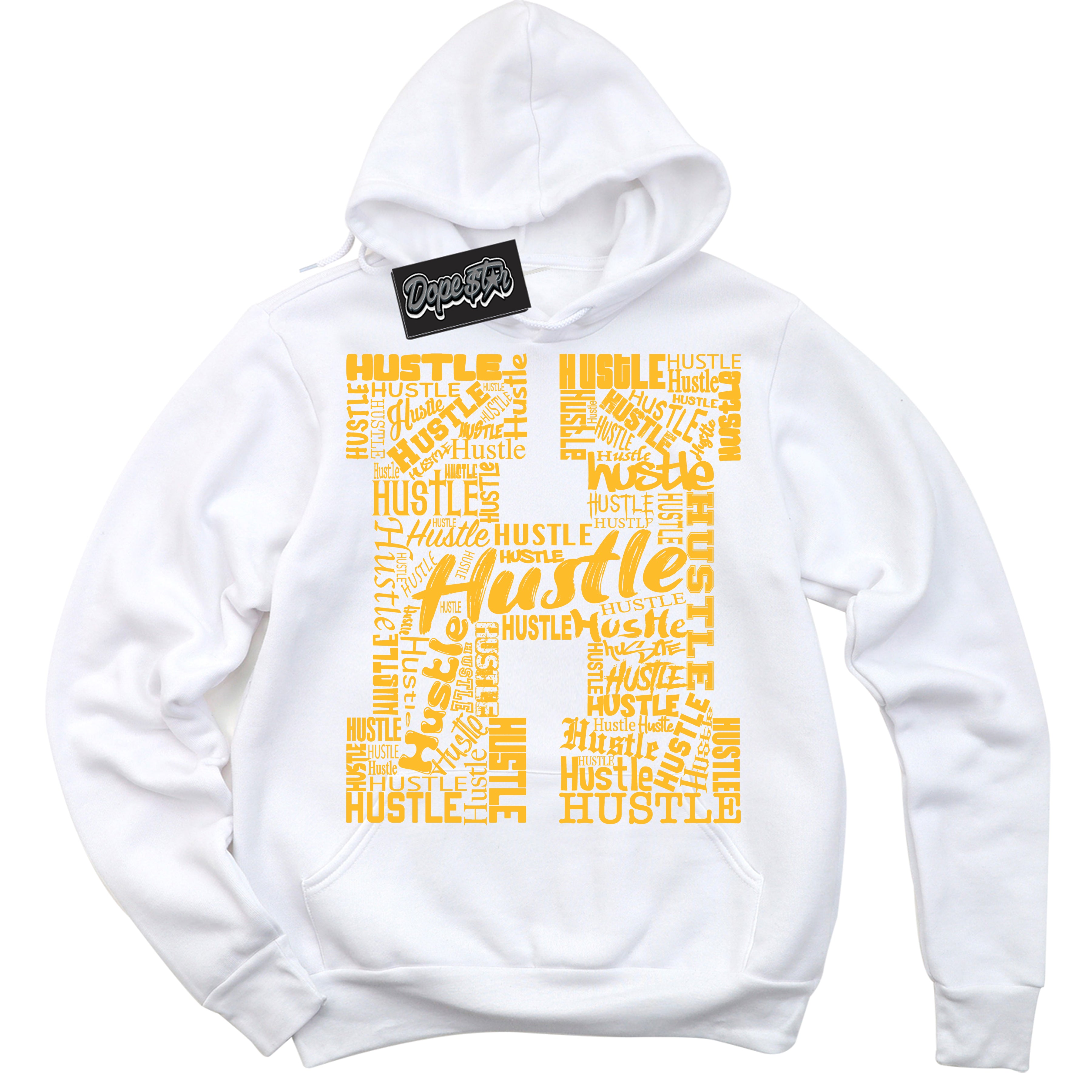 Cool White Hoodie with “ H For Hustle '' design that Perfectly Matches White University Gold Sneakers.