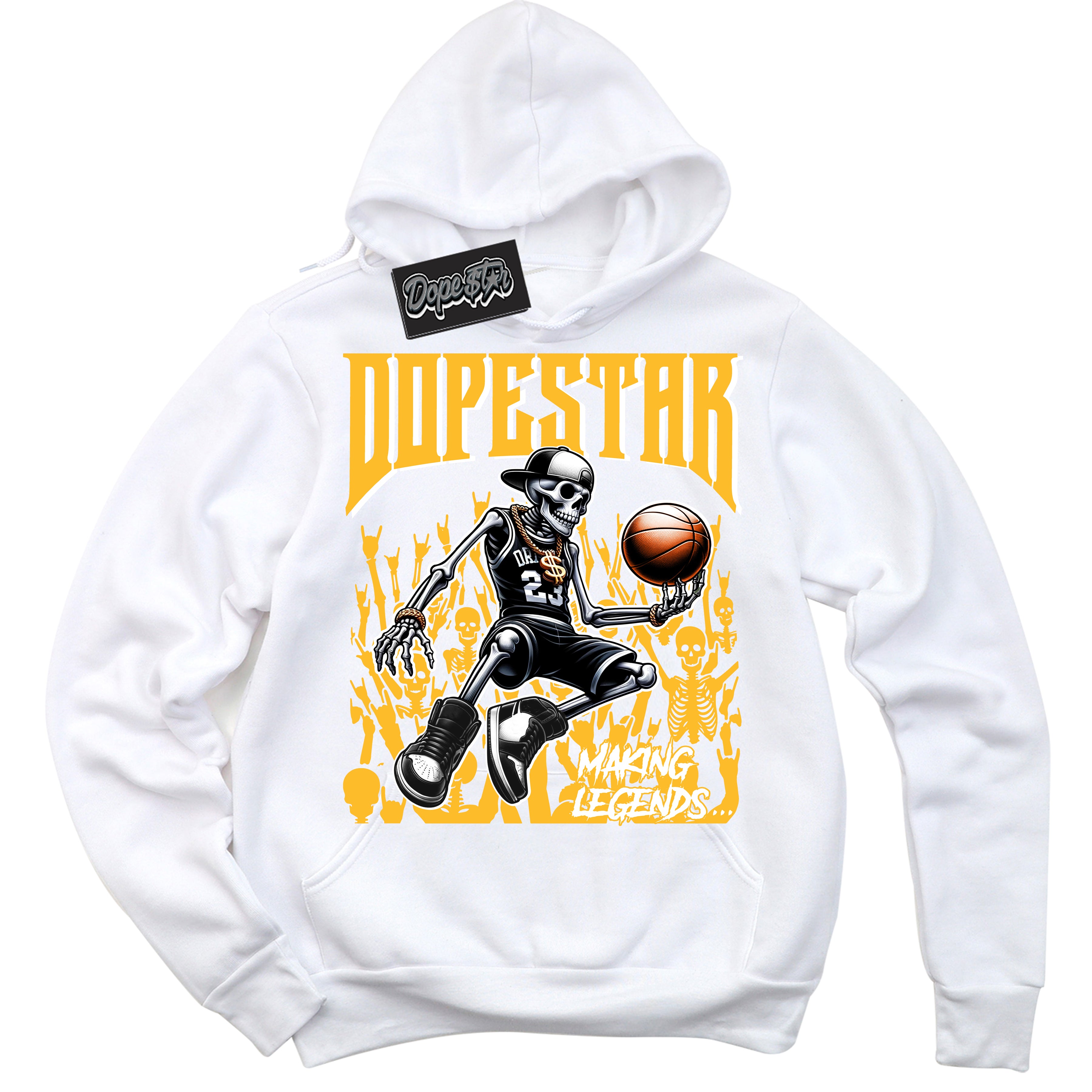 Cool White Hoodie with “ Making Legends ” design that Perfectly Matches White University Gold Sneakers.