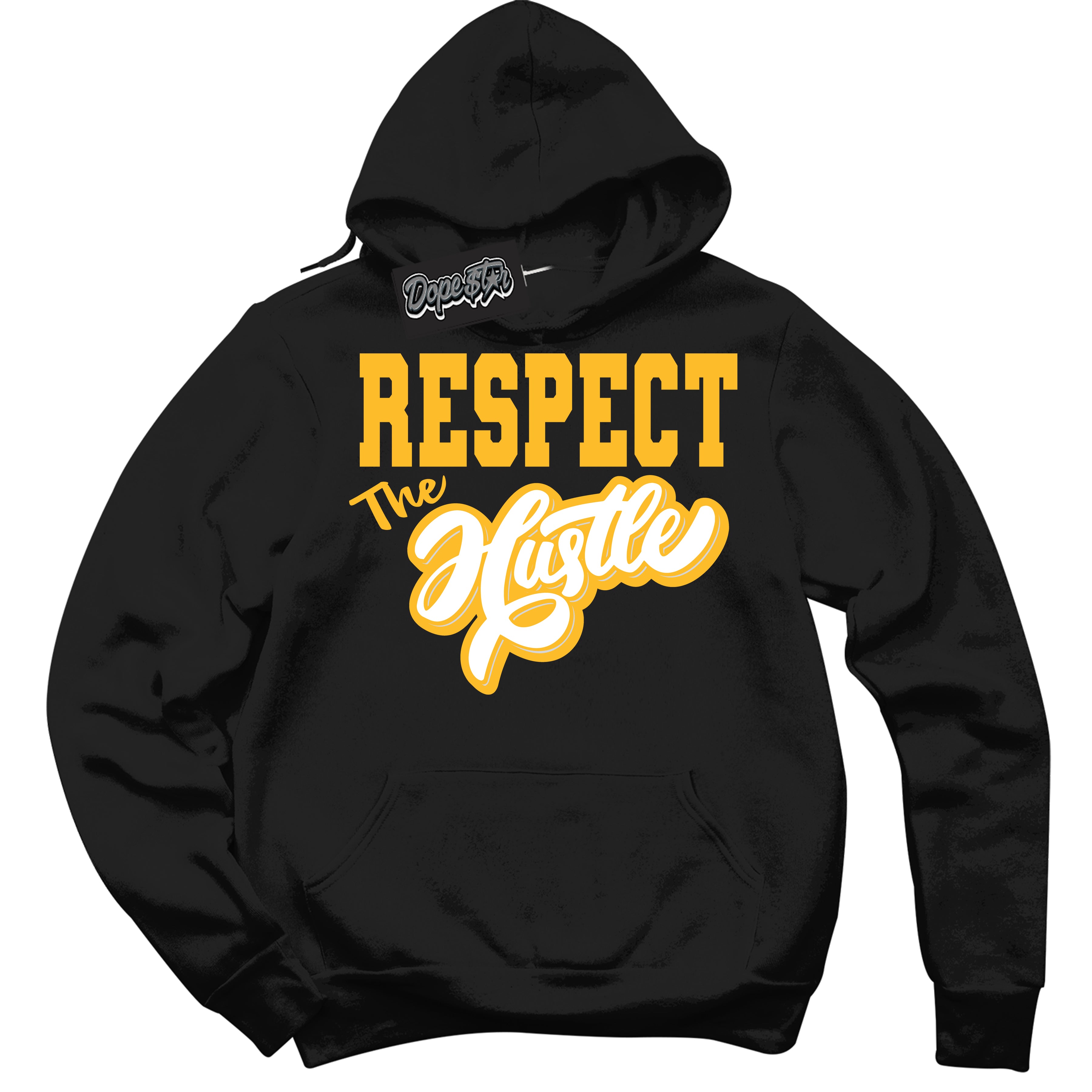 Cool Black Hoodie with “ Respect The Hustle '' design that Perfectly Matches White University Gold Sneakers.