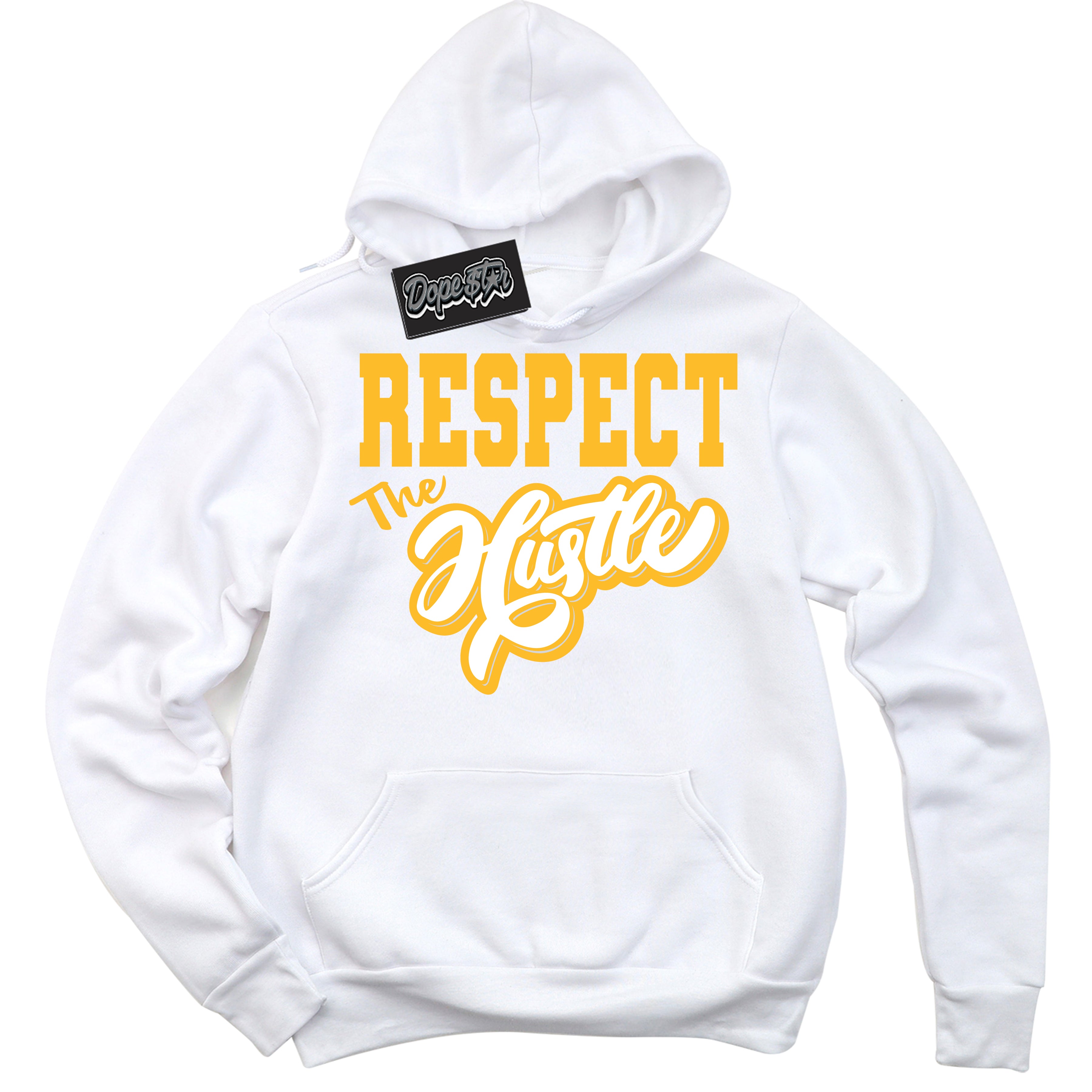 Cool White Hoodie with “ Respect The Hustle '' design that Perfectly Matches White University Gold Sneakers.