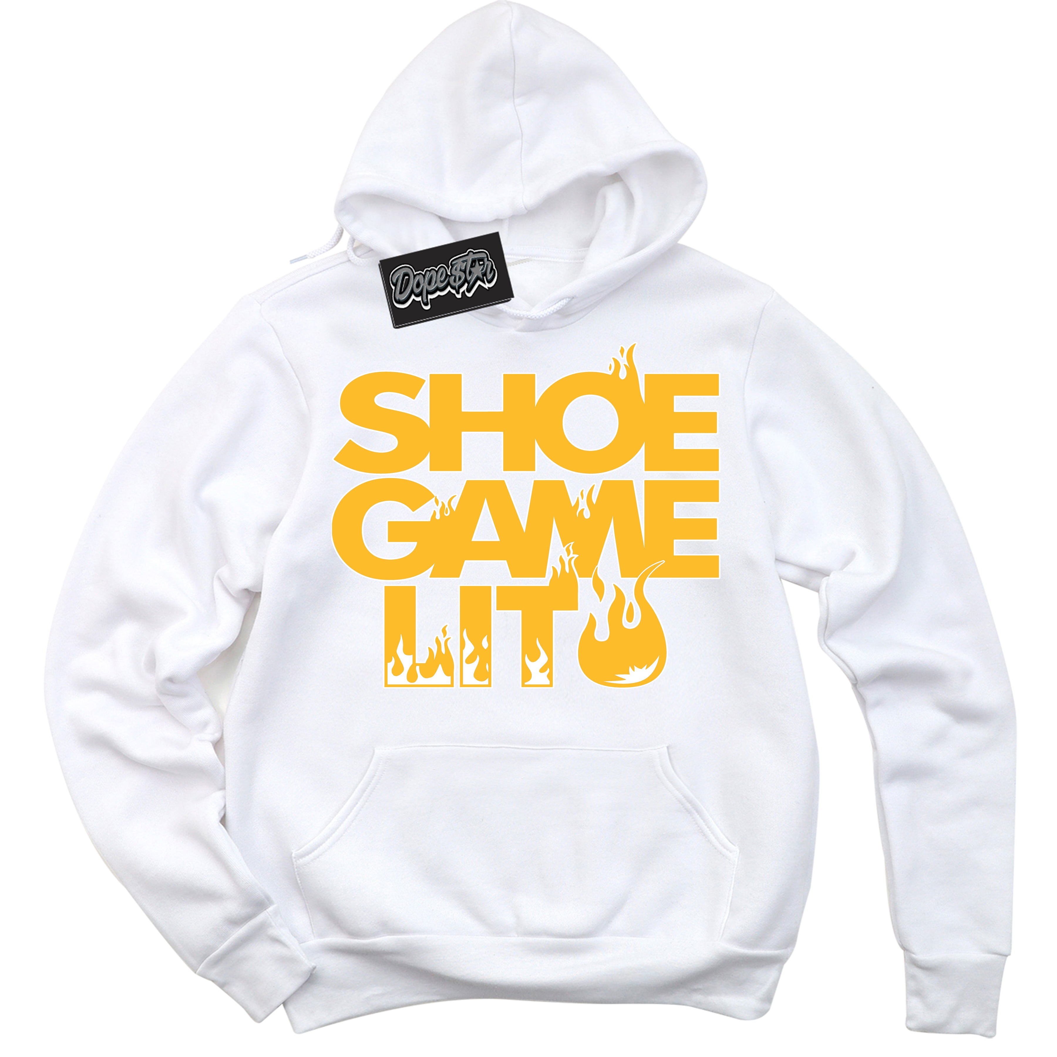 Cool White Hoodie with “ Shoe Game Lit '' design that Perfectly Matches White University Gold Sneakers.