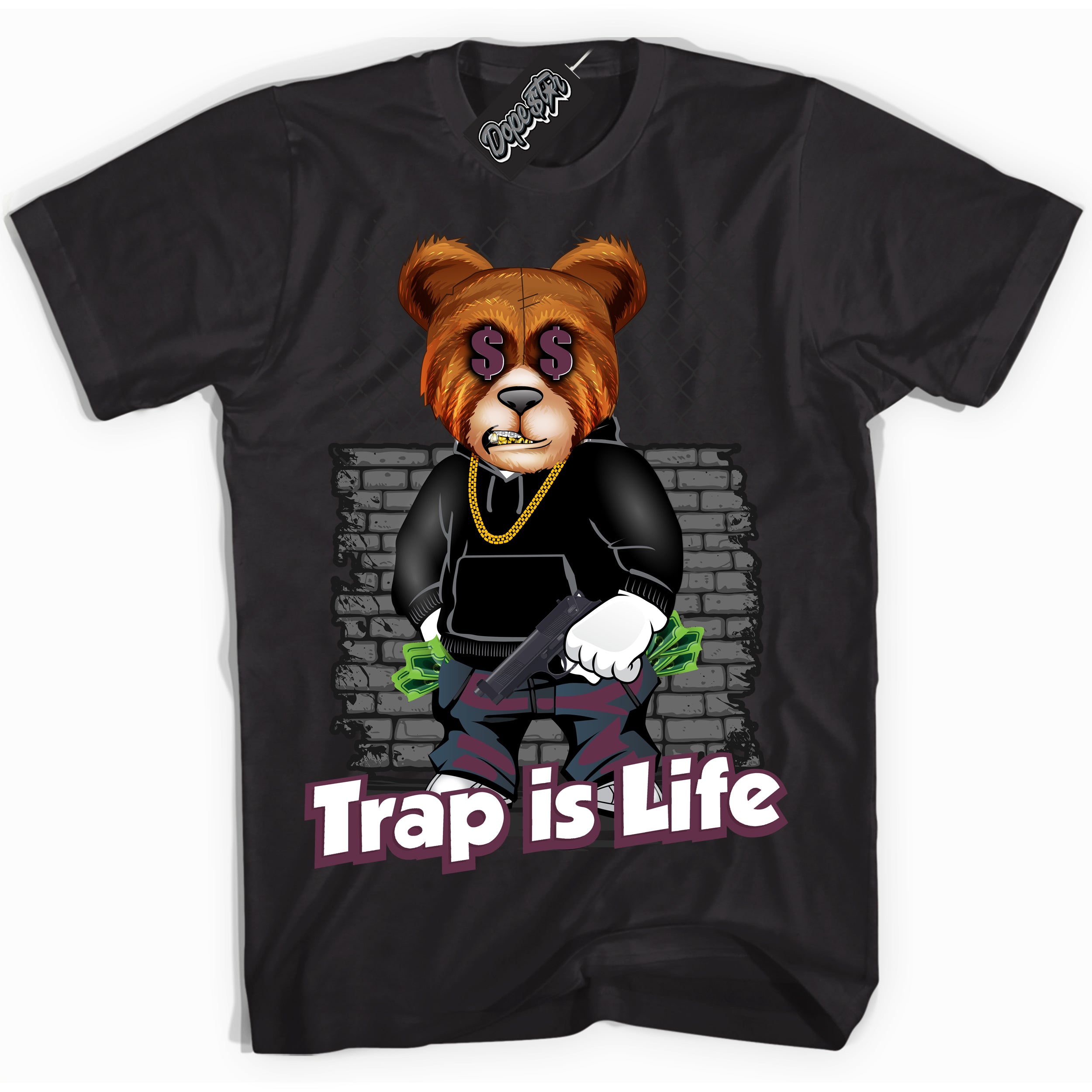 Cool Black Shirt with “Trap Is Life” design that perfectly matches White Viotech Dunks.